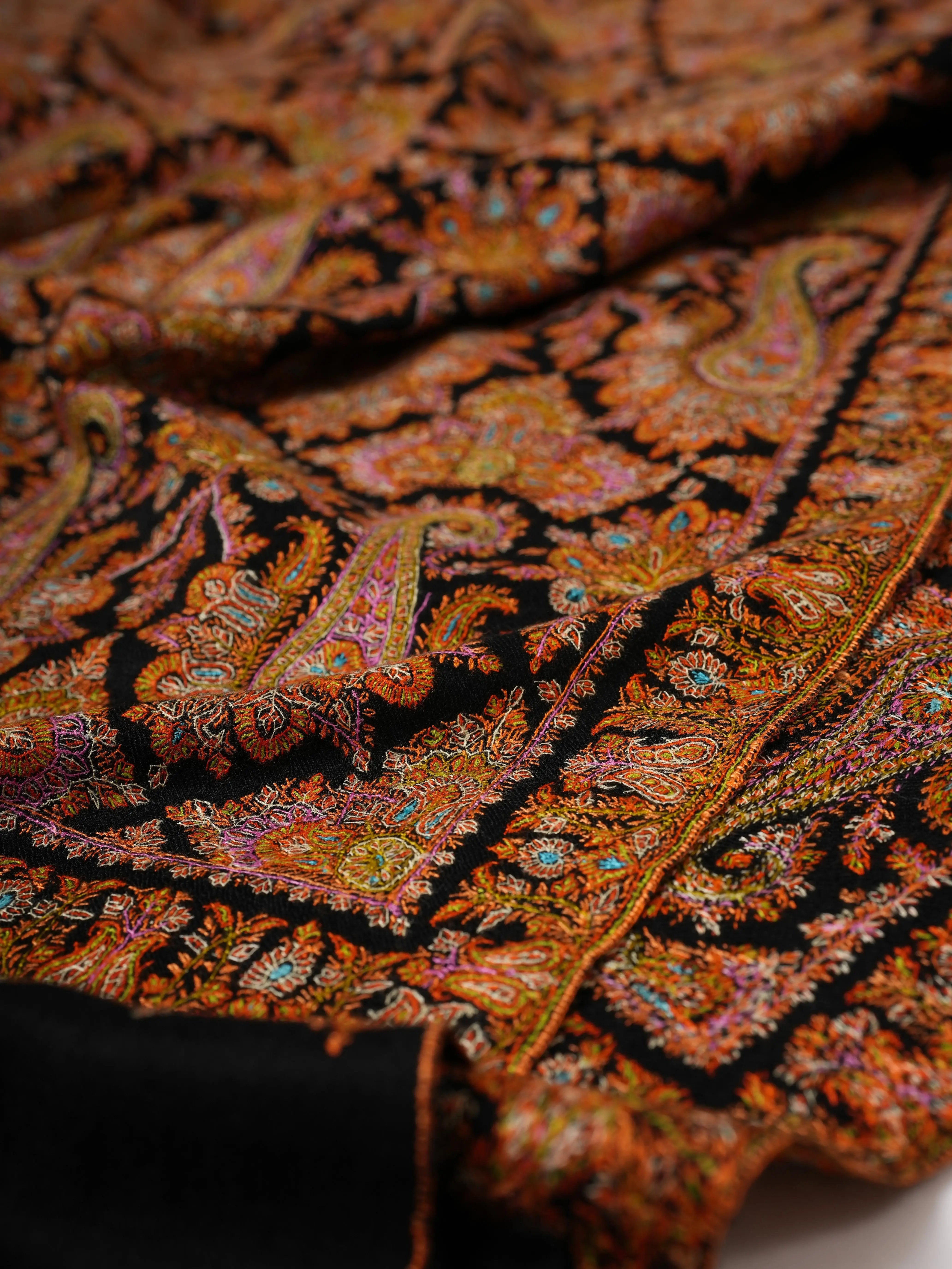 Fine Detailed Jamavar Black Pashmina Shawl with Golden Paisley Embroidery Shahkaar