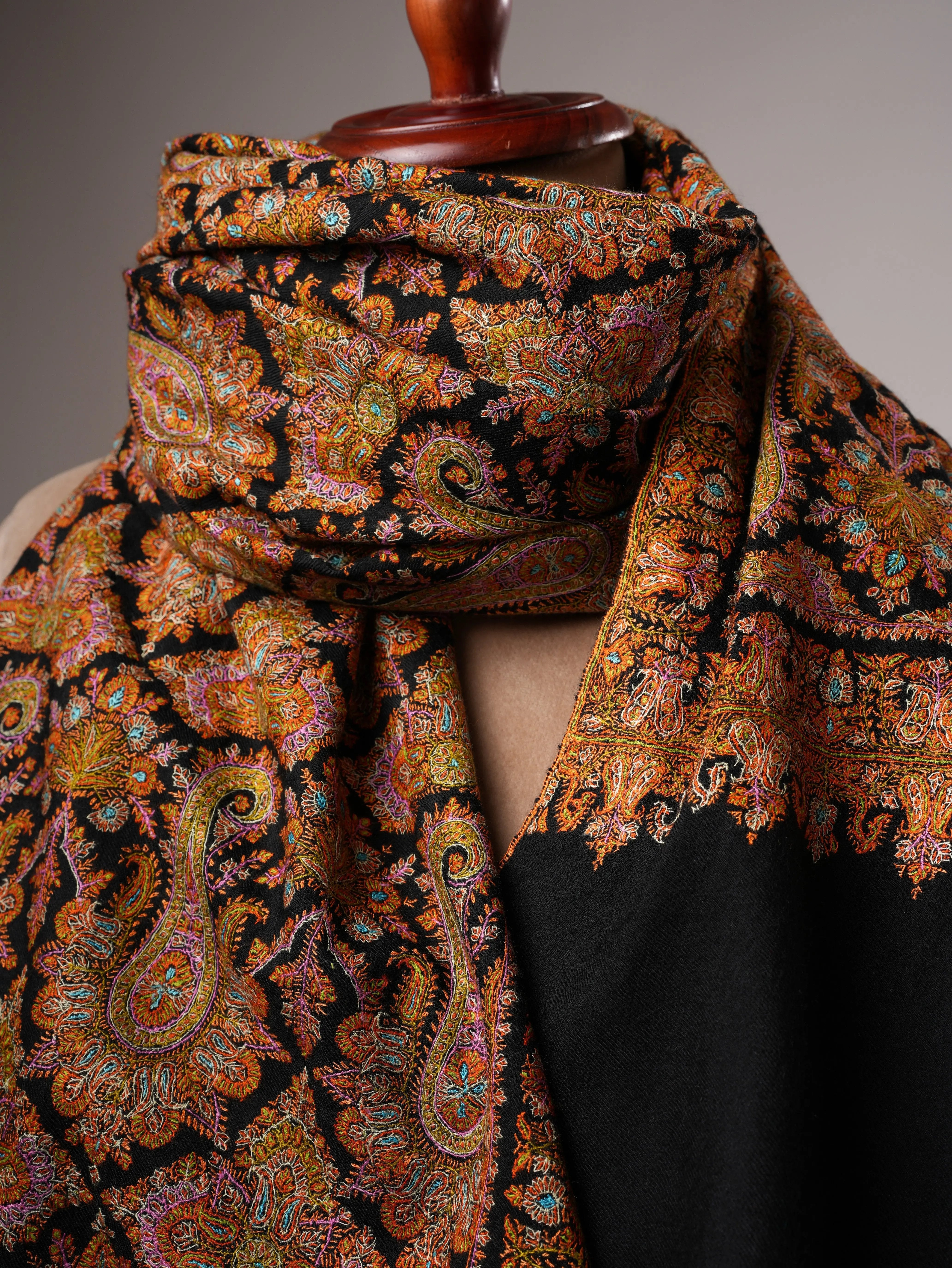 Fine Detailed Jamavar Black Pashmina Shawl with Golden Paisley Embroidery Shahkaar