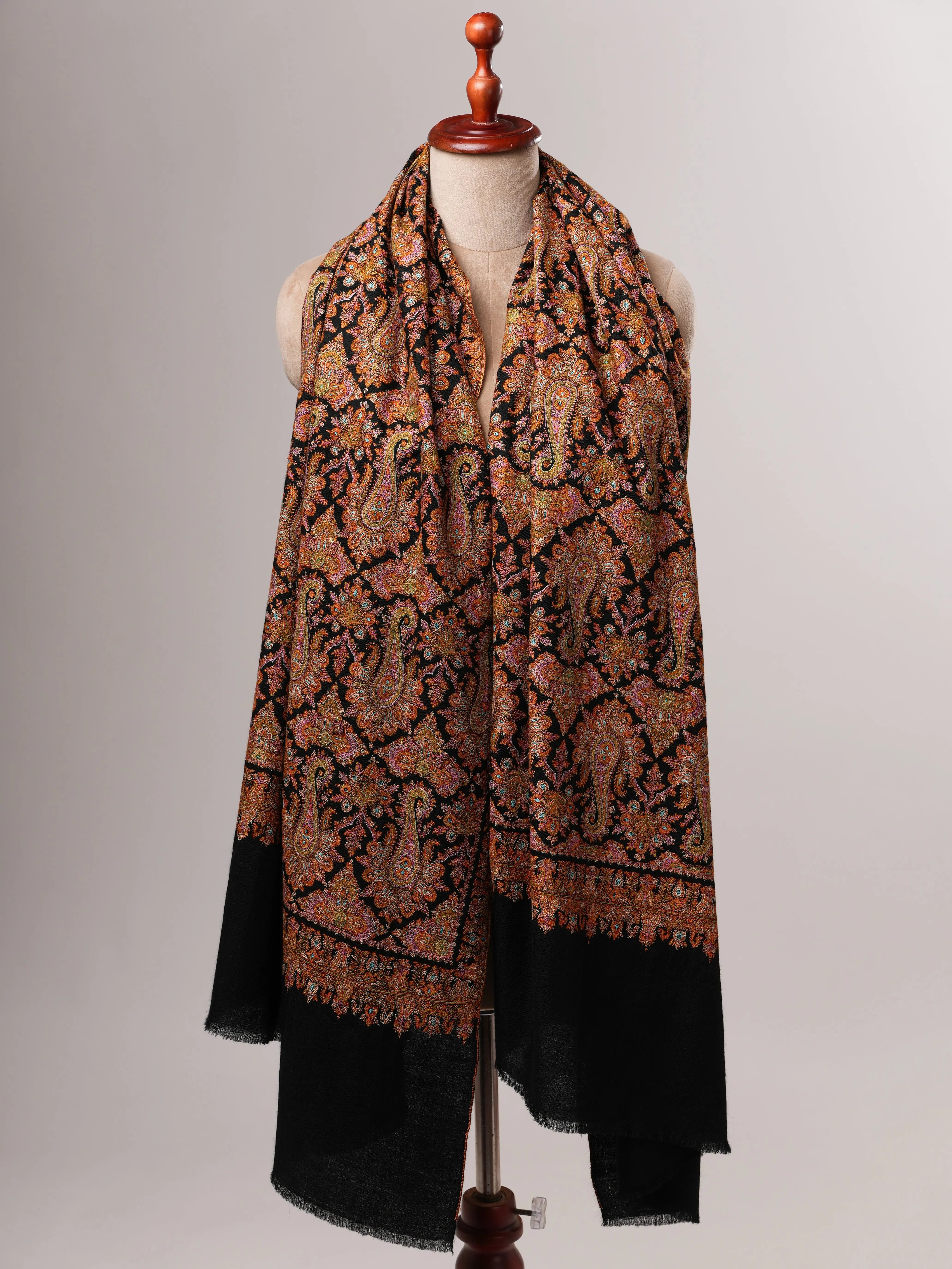 Fine Detailed Jamavar Black Pashmina Shawl with Golden Paisley Embroidery Shahkaar