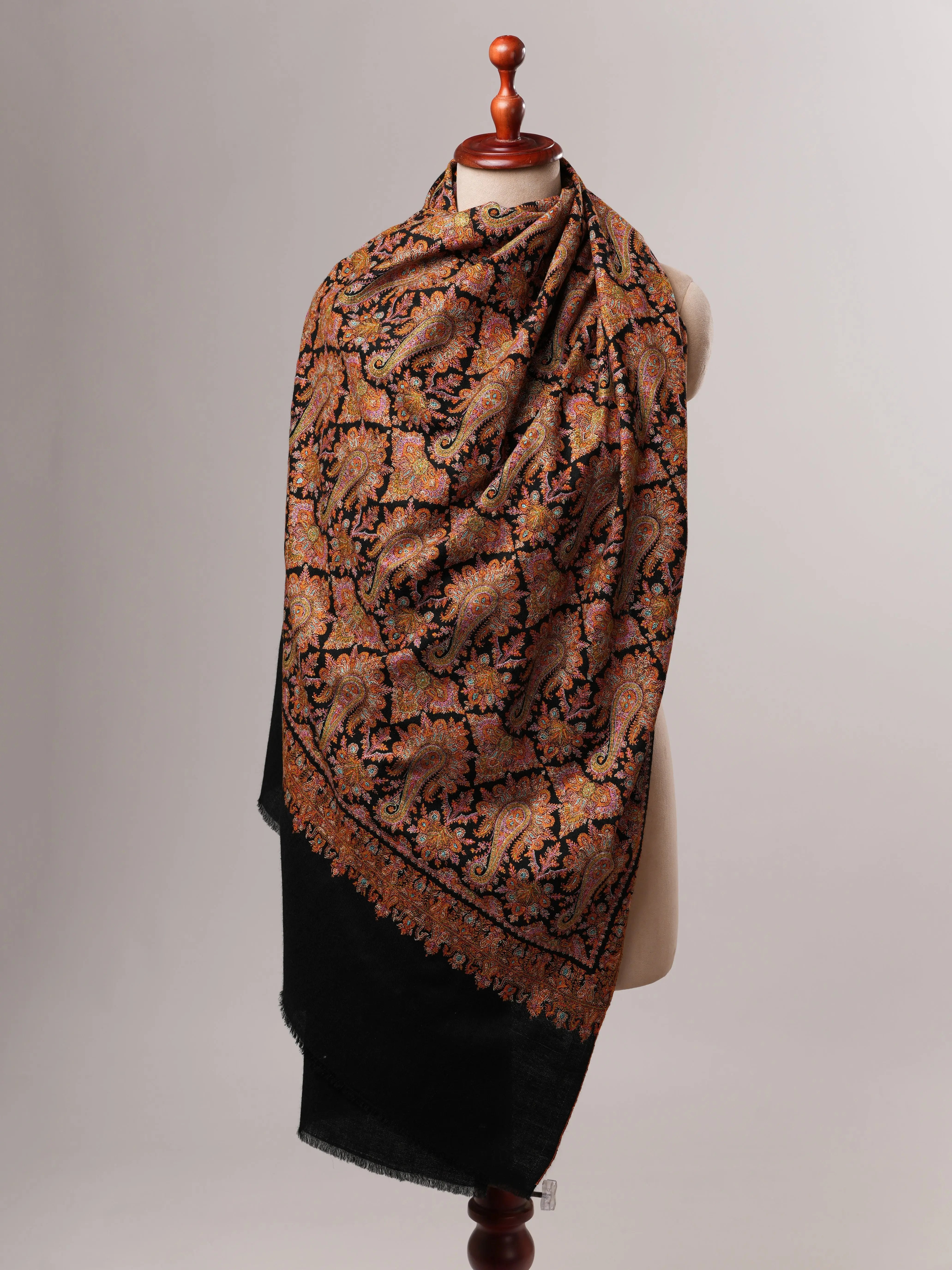 Fine Detailed Jamavar Black Pashmina Shawl with Golden Paisley Embroidery Shahkaar