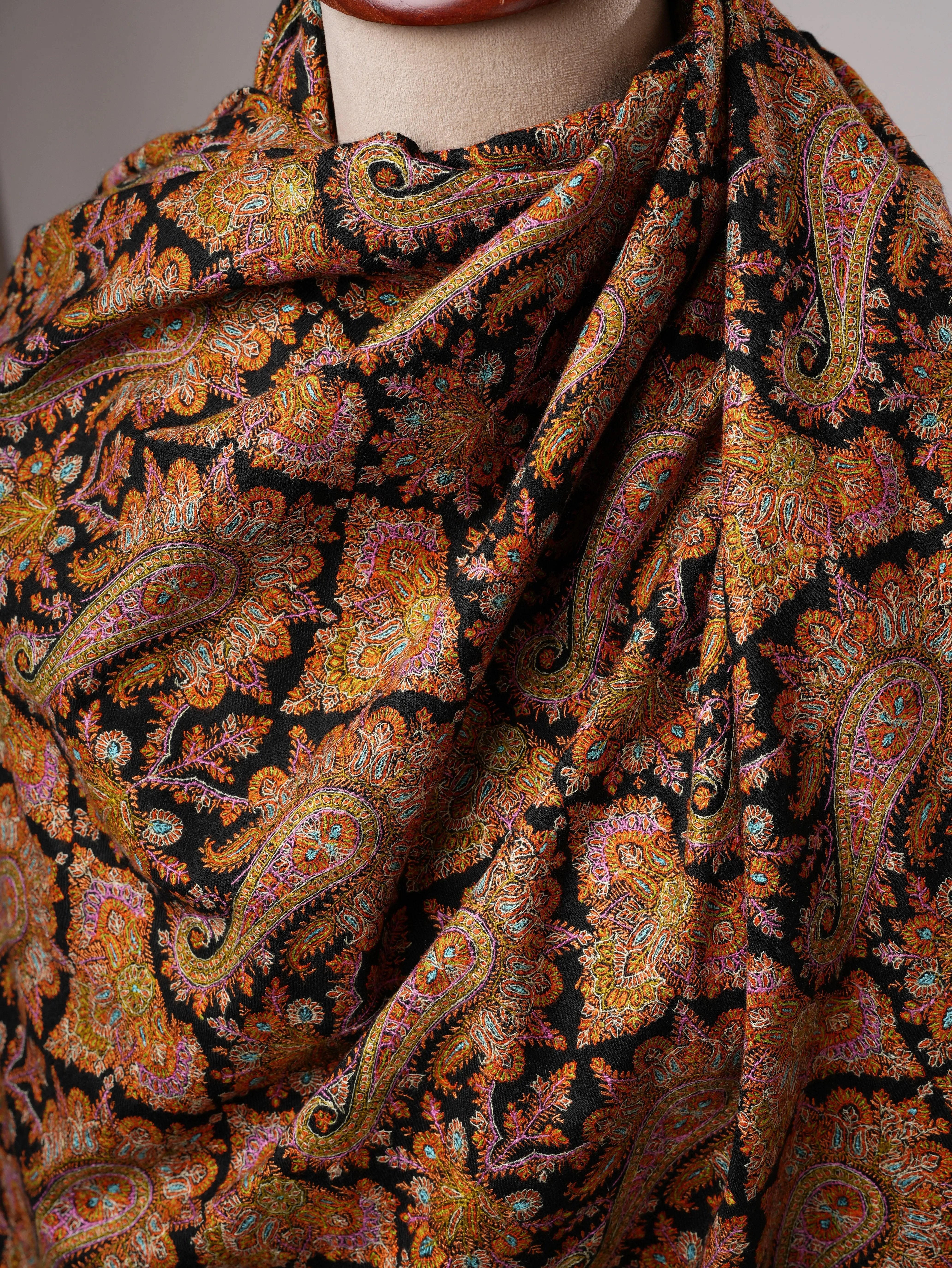 Fine Detailed Jamavar Black Pashmina Shawl with Golden Paisley Embroidery Shahkaar