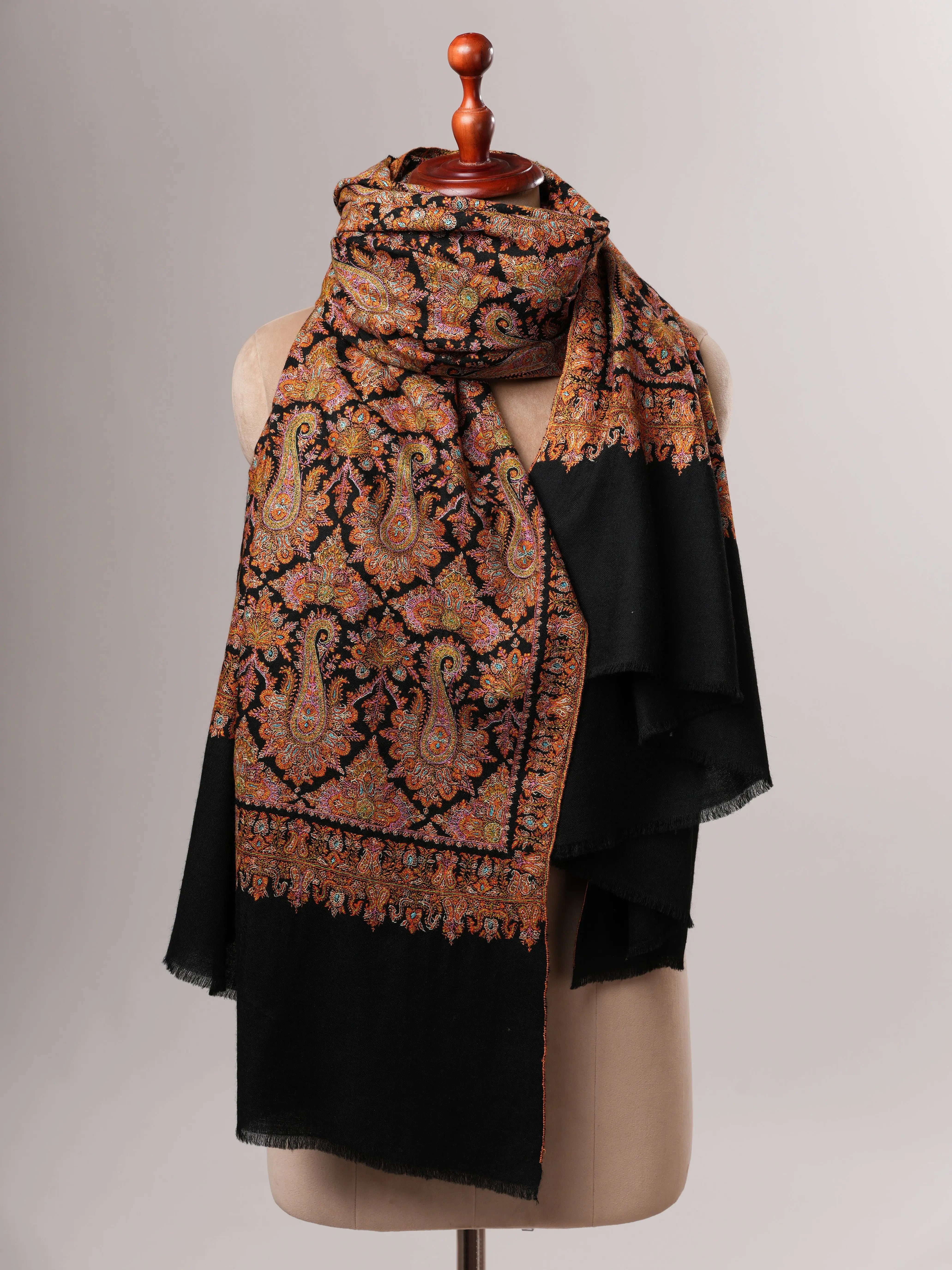 Fine Detailed Jamavar Black Pashmina Shawl with Golden Paisley Embroidery Shahkaar