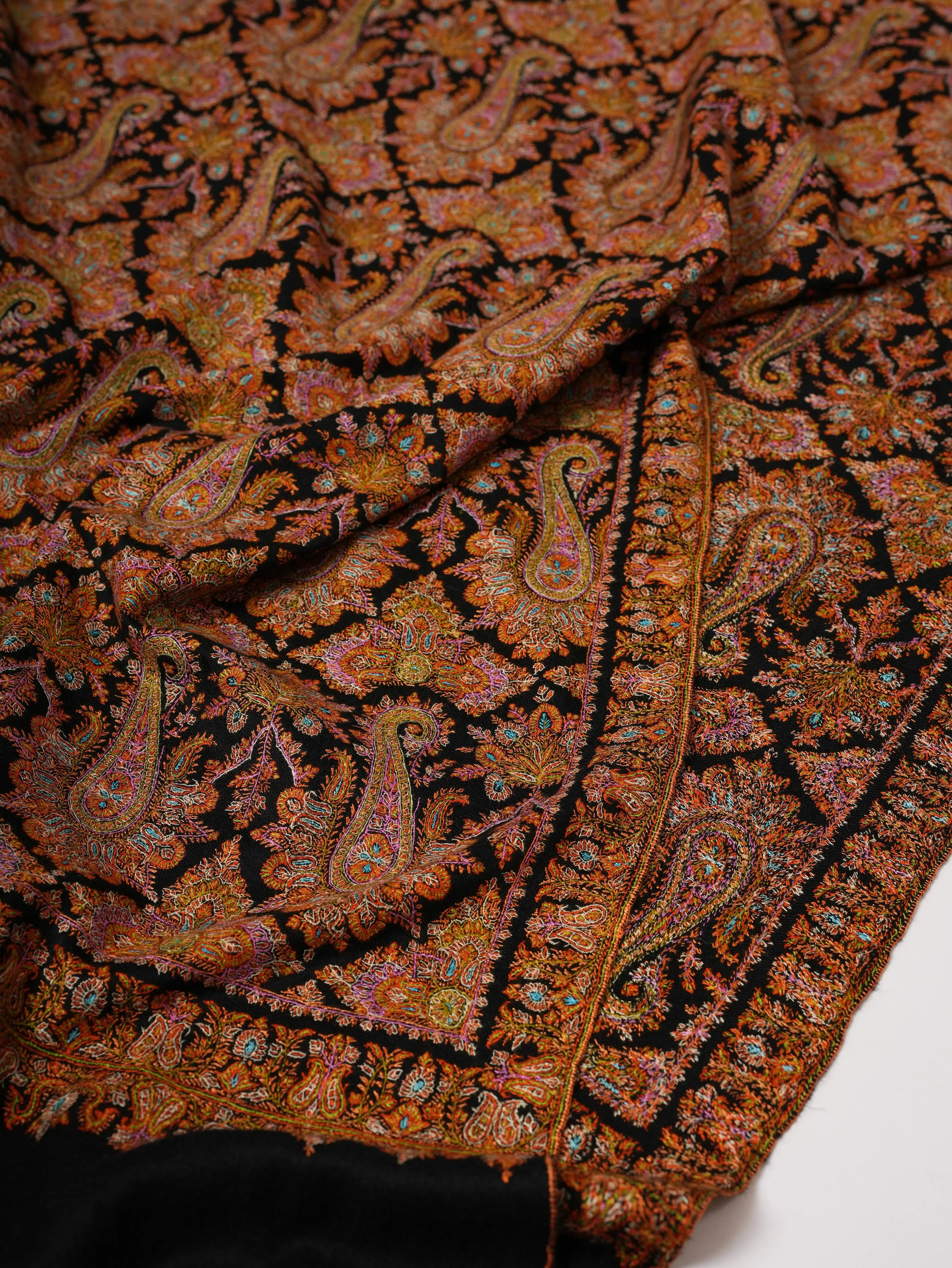 Fine Detailed Jamavar Black Pashmina Shawl with Golden Paisley Embroidery Shahkaar