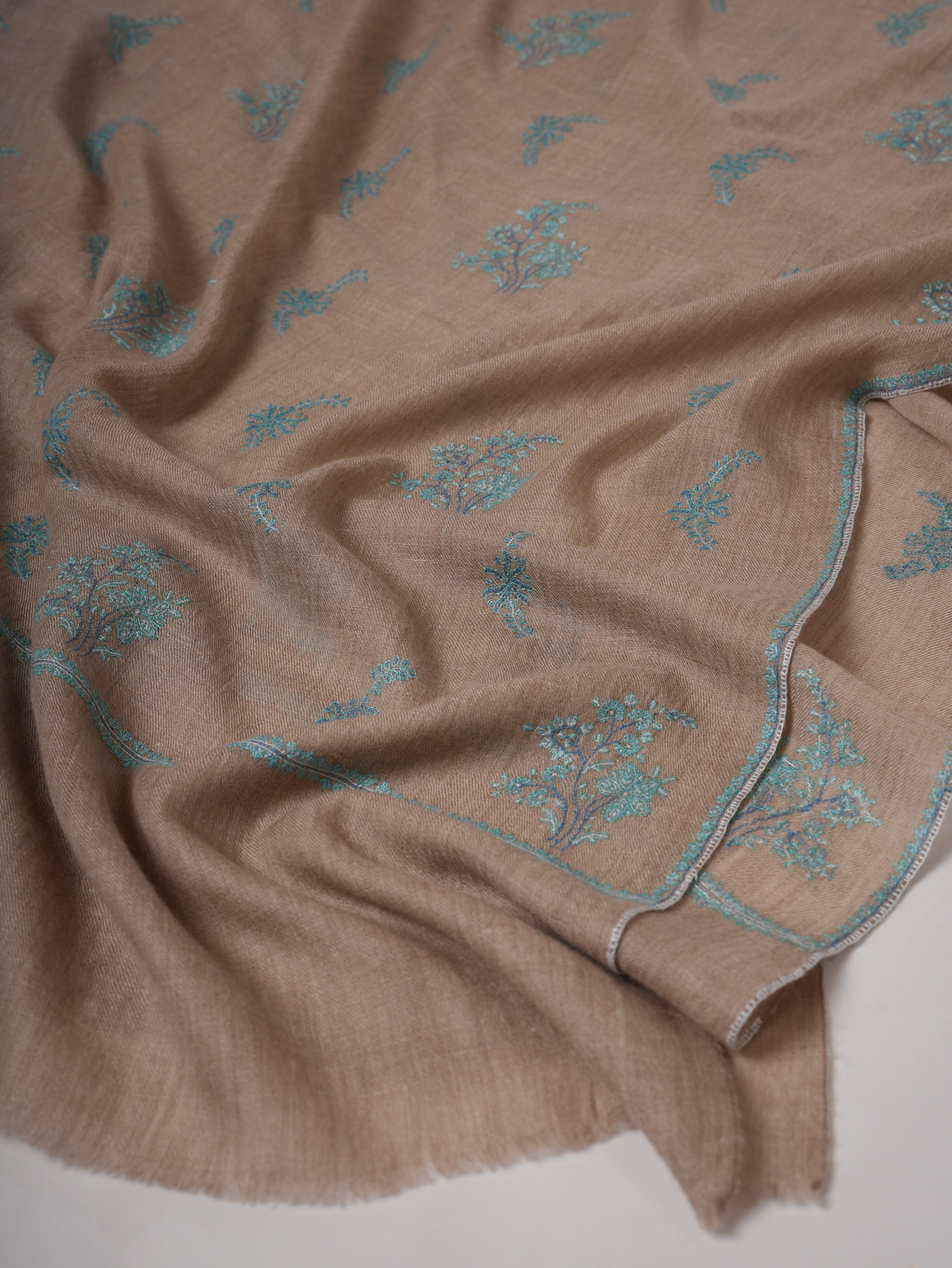 Natural Grey Buteh Embroidered Shahkaar Pashmina Shawl Shahkaar
