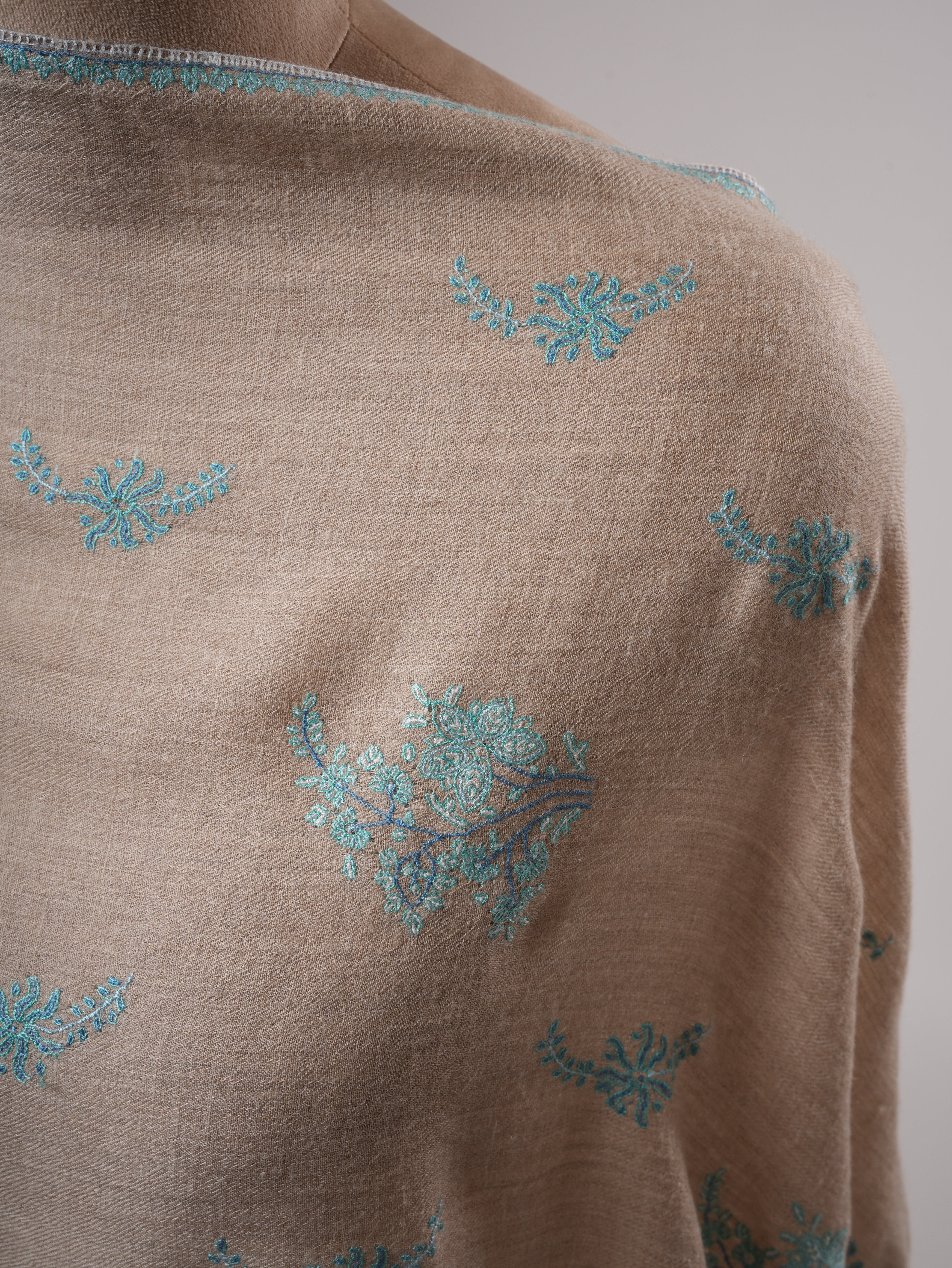 Natural Grey Buteh Embroidered Shahkaar Pashmina Shawl Shahkaar