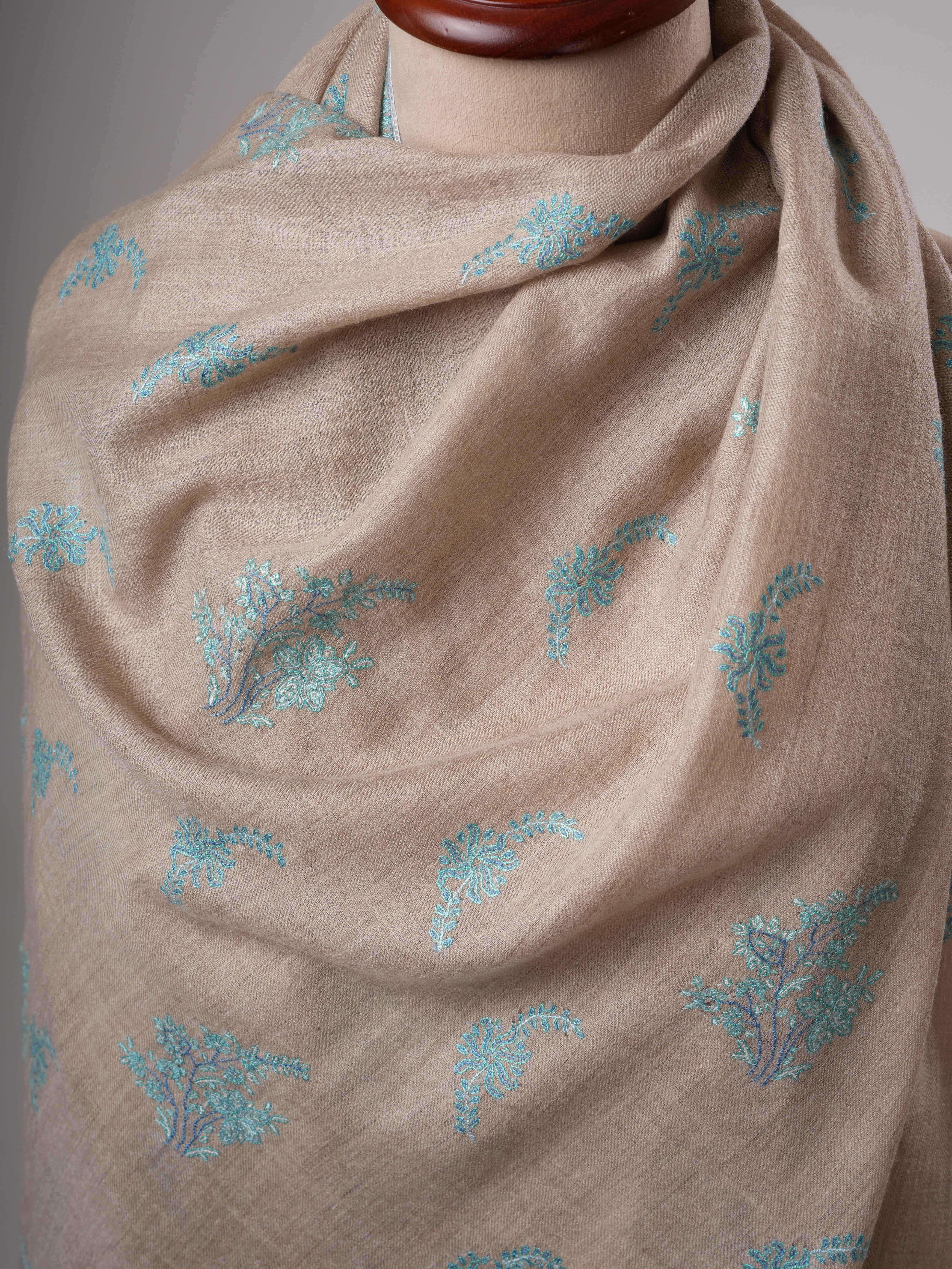 Natural Grey Buteh Embroidered Shahkaar Pashmina Shawl Shahkaar