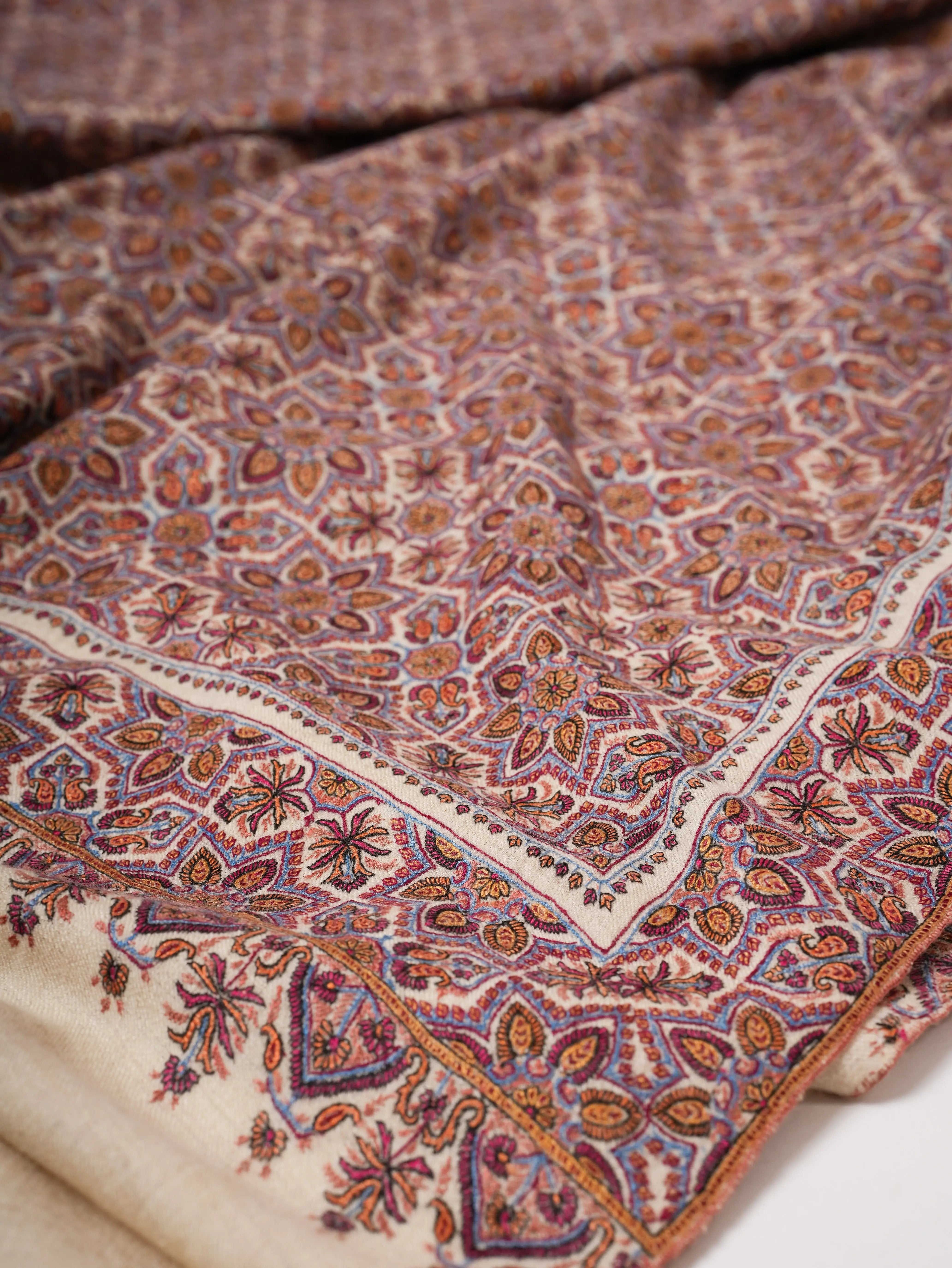 Handspun Handwoven Pashmina Shawl with Fine Jamavar Sozni Embroidery Shahkaar