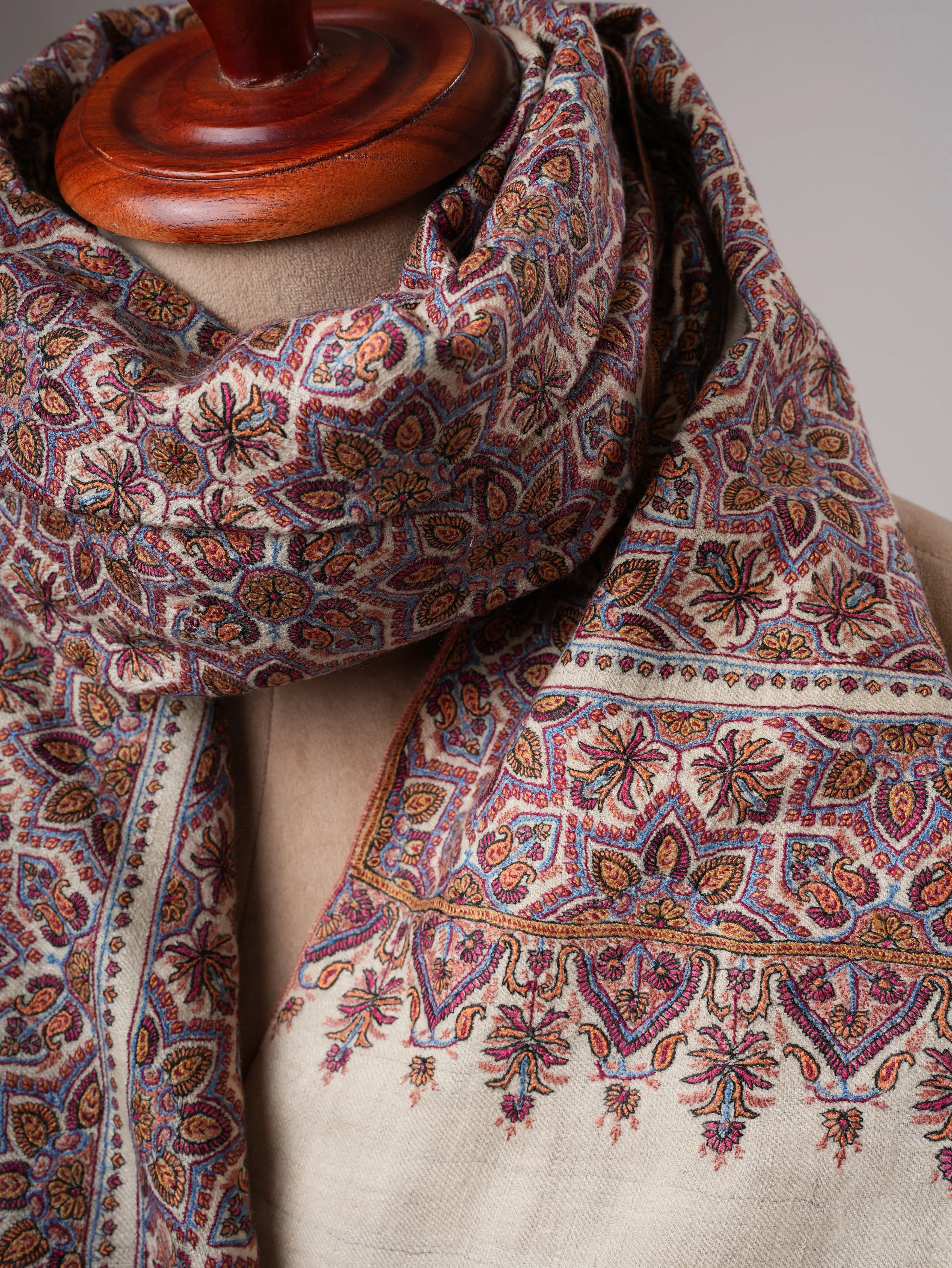 Handspun Handwoven Pashmina Shawl with Fine Jamavar Sozni Embroidery Shahkaar