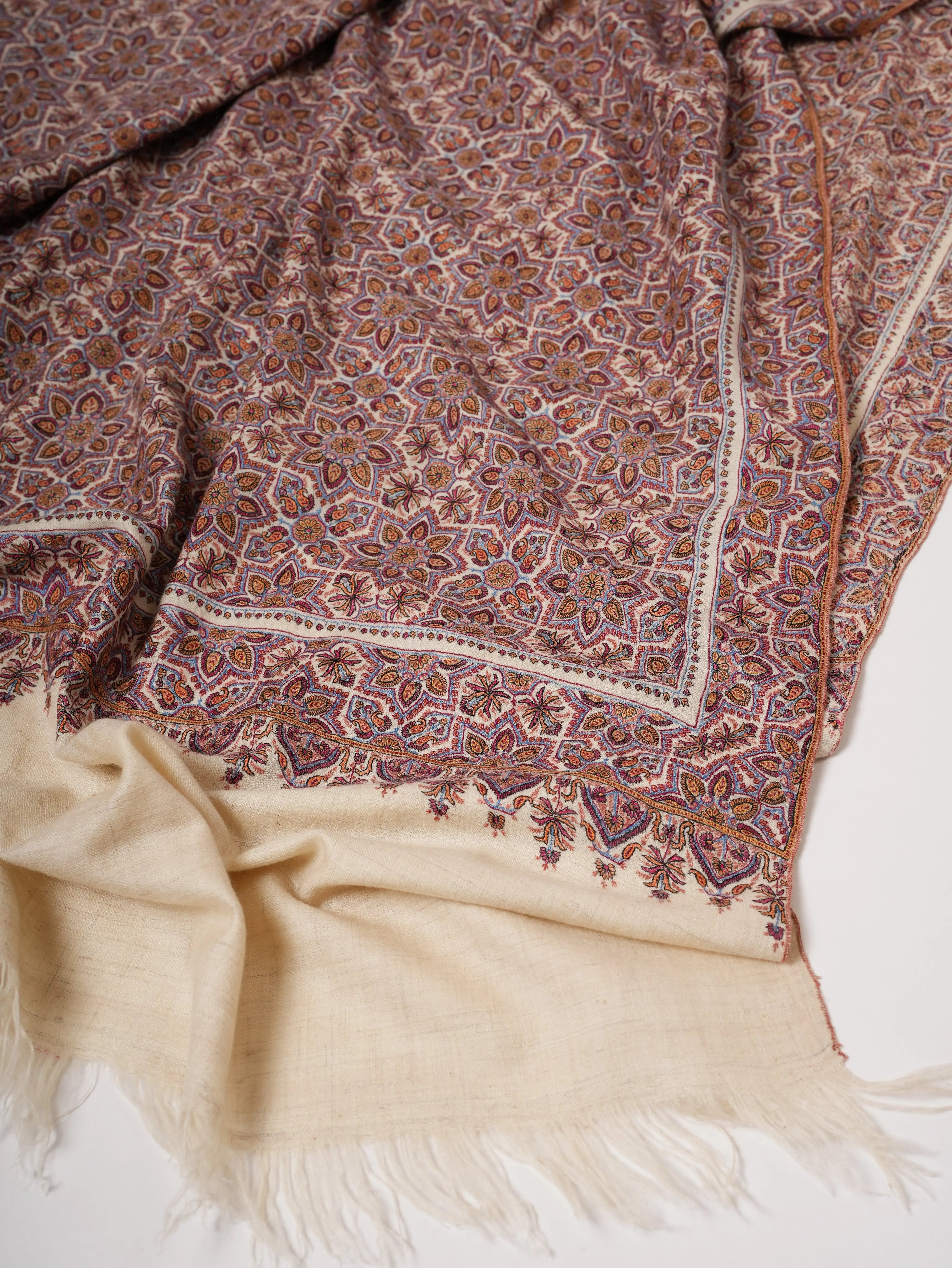 Handspun Handwoven Pashmina Shawl with Fine Jamavar Sozni Embroidery Shahkaar