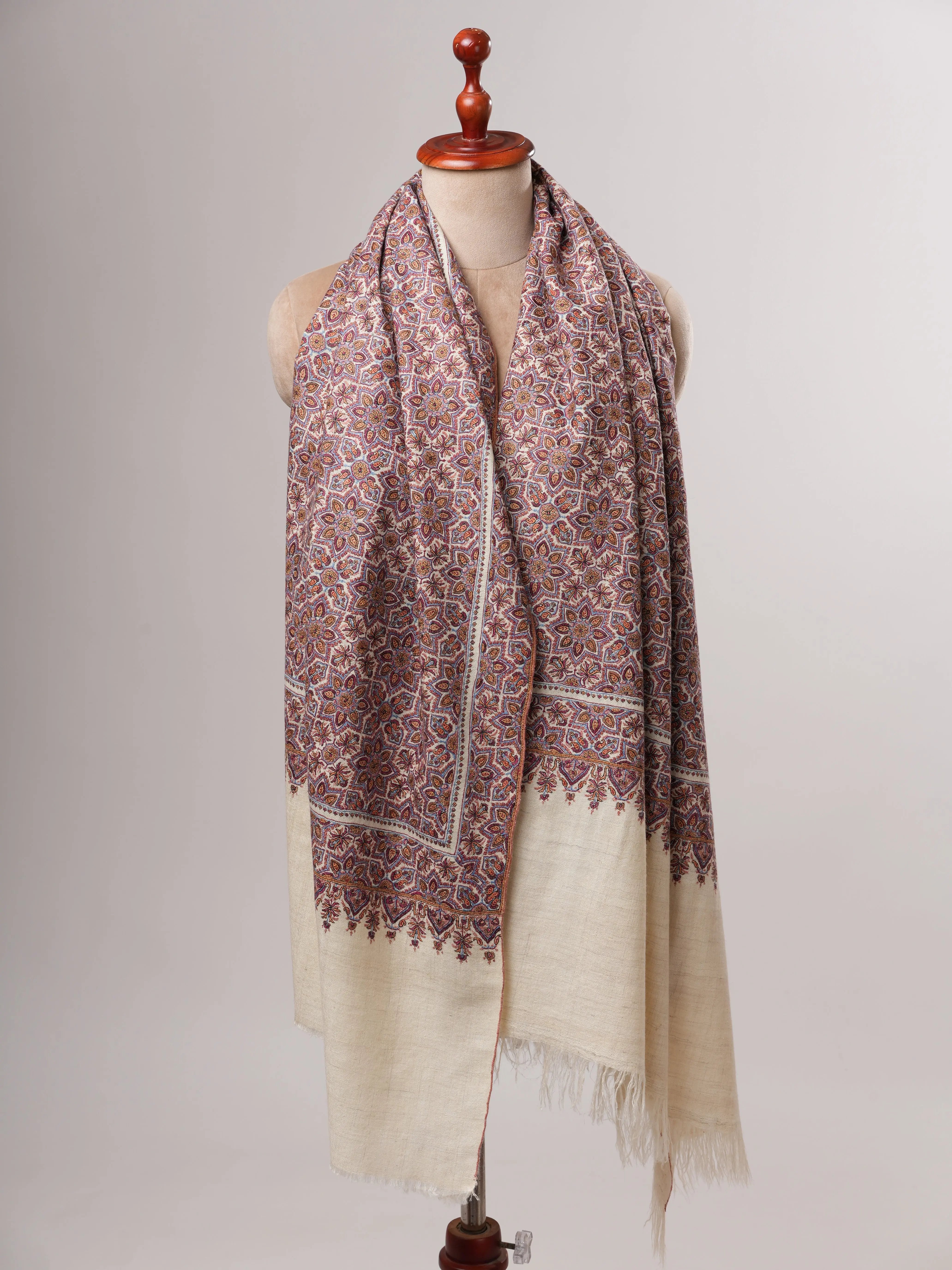 Handspun Handwoven Pashmina Shawl with Fine Jamavar Sozni Embroidery Shahkaar