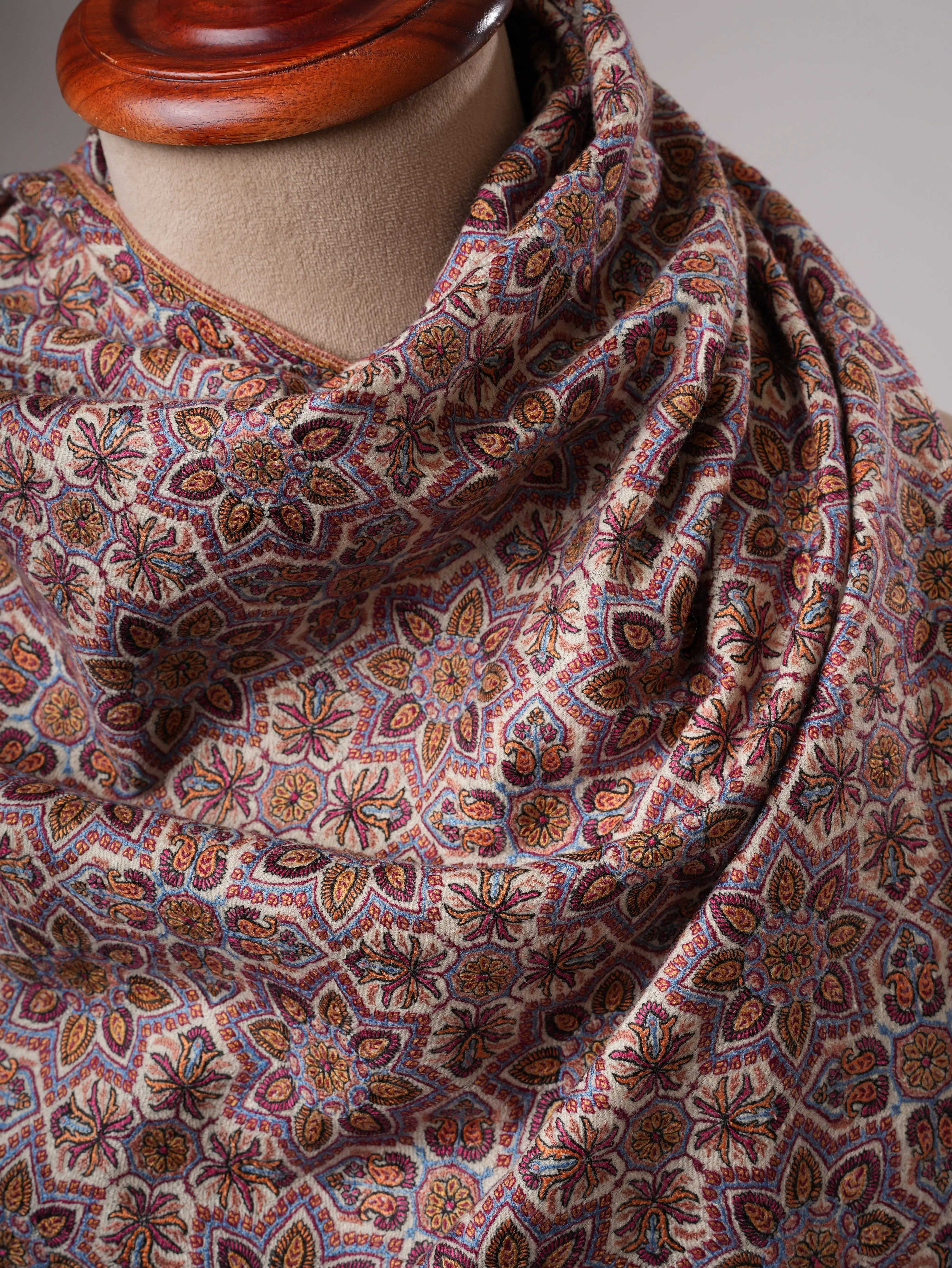 Handspun Handwoven Pashmina Shawl with Fine Jamavar Sozni Embroidery Shahkaar