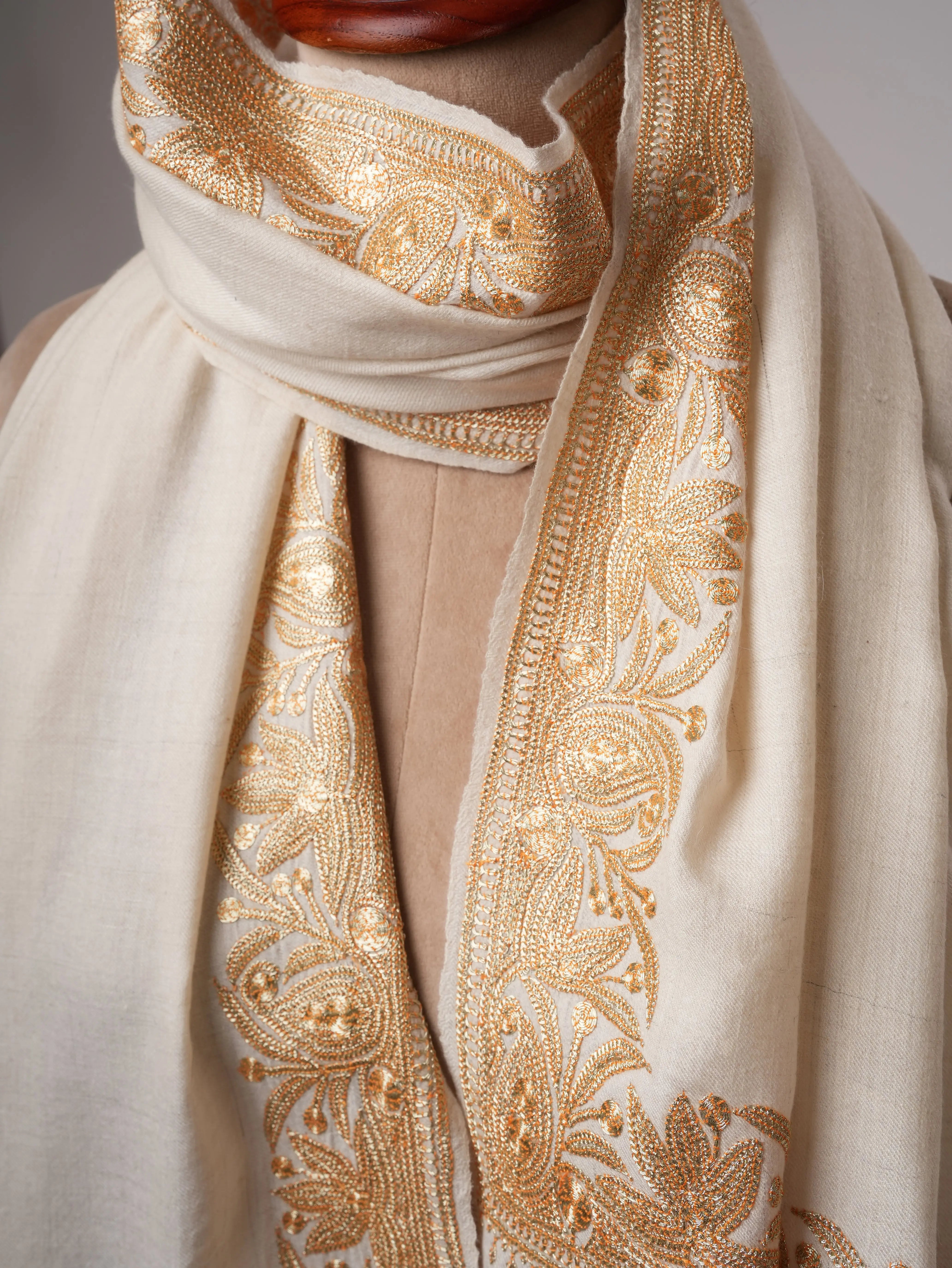 Ivory Pashmina Shawl with Gold Tilla Daurdar Embroidery Shahkaar