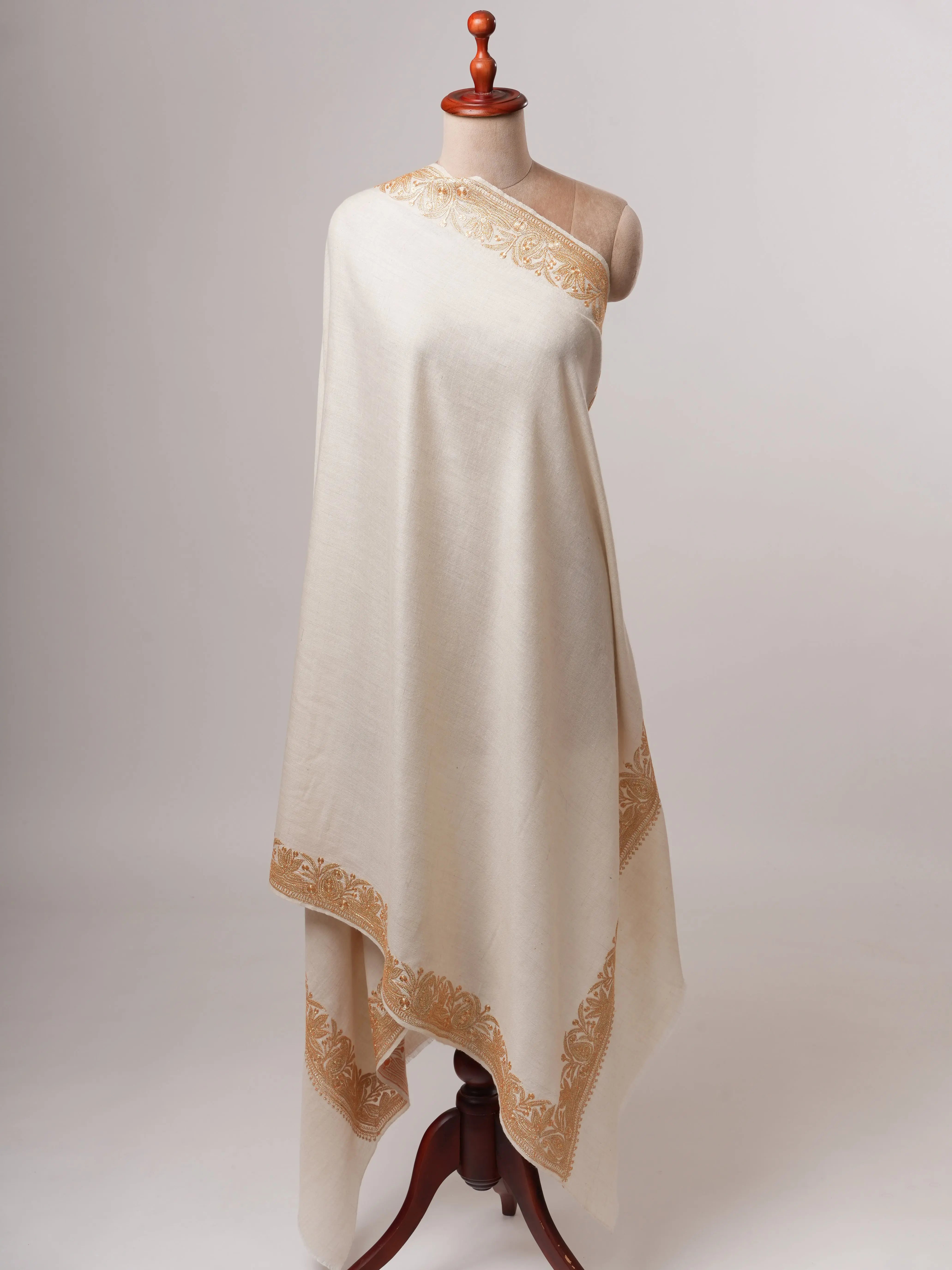 Ivory Pashmina Shawl with Gold Tilla Daurdar Embroidery Shahkaar
