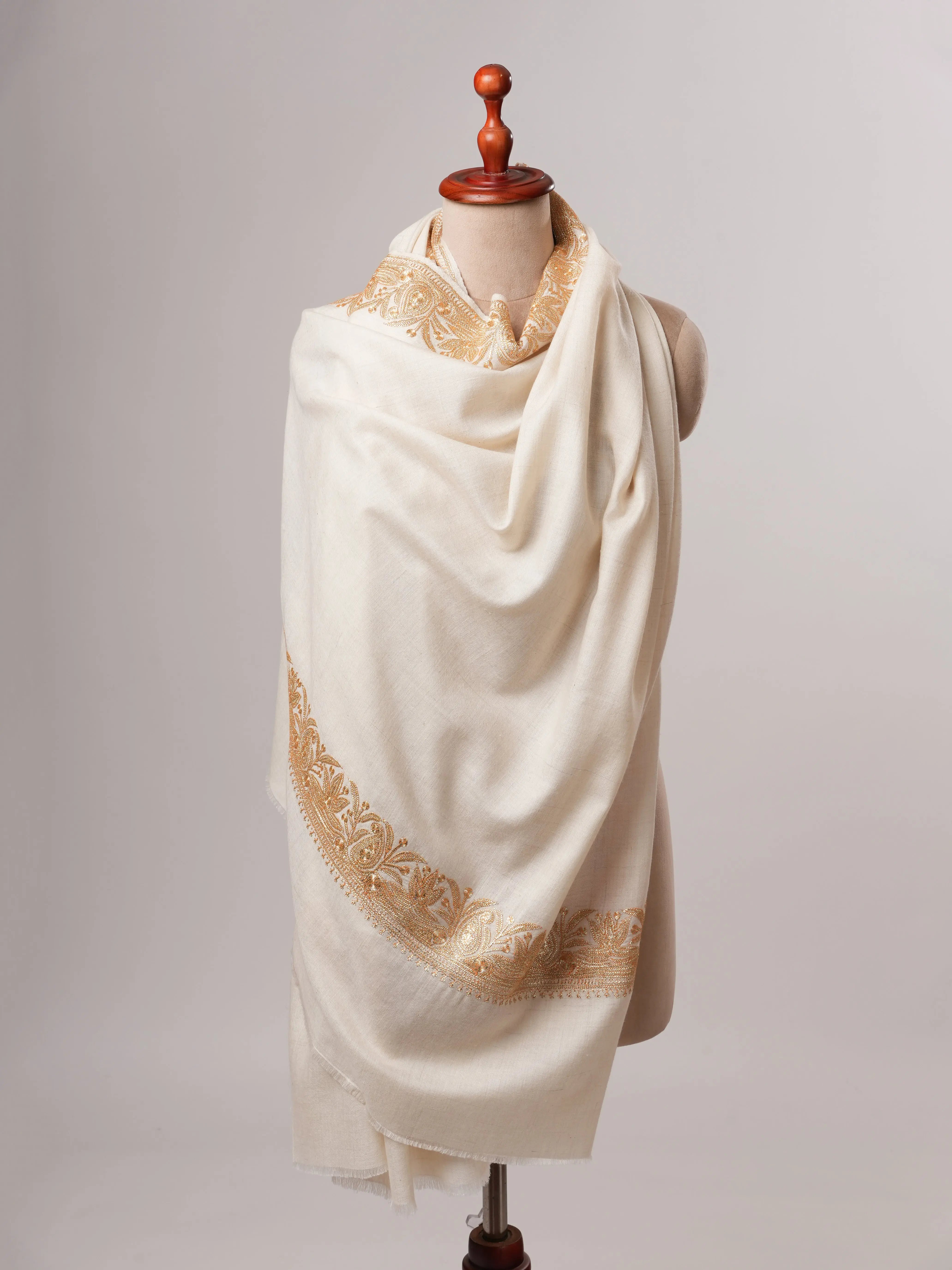 Ivory Pashmina Shawl with Gold Tilla Daurdar Embroidery Shahkaar