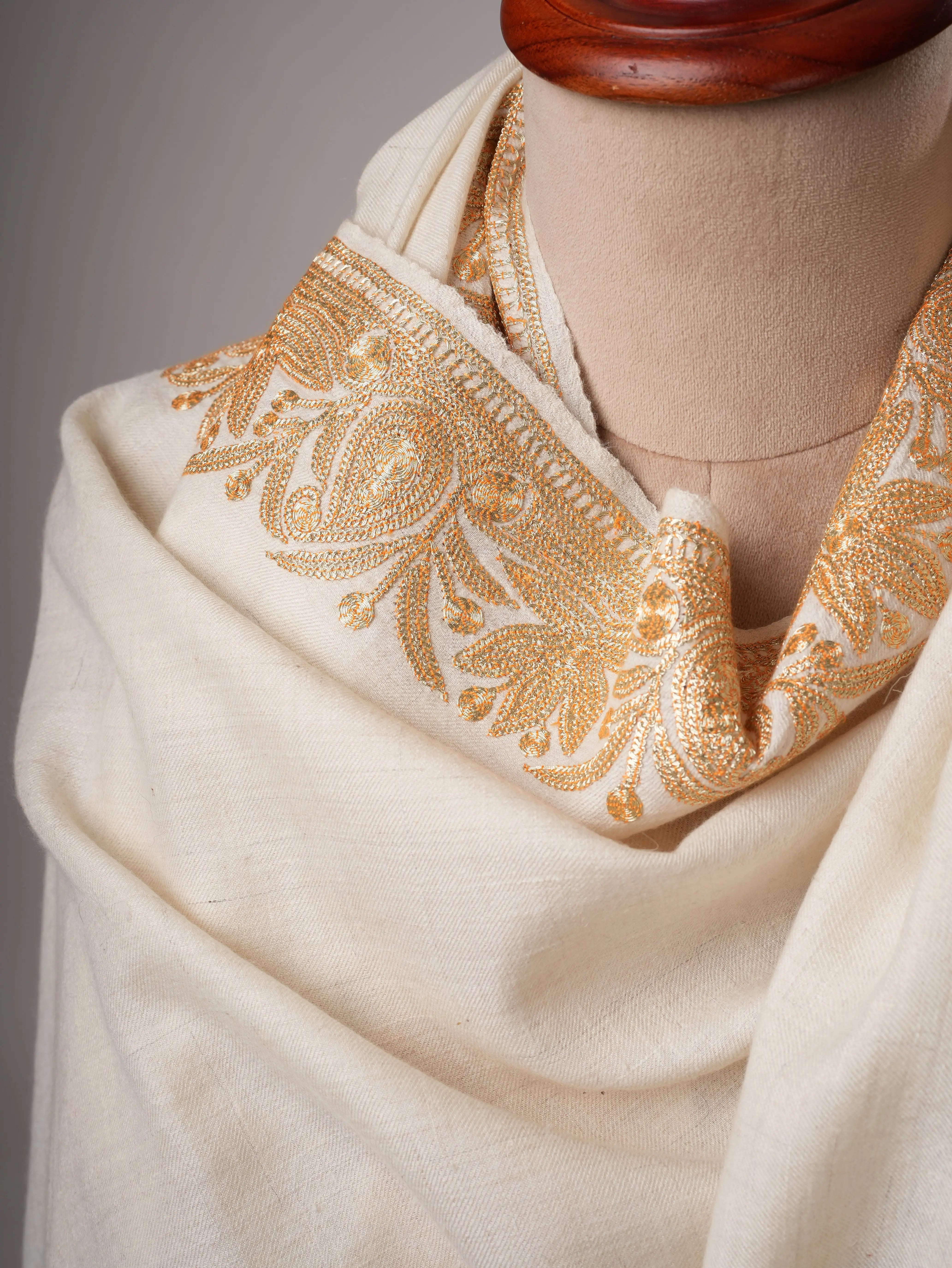 Ivory Pashmina Shawl with Gold Tilla Daurdar Embroidery Shahkaar
