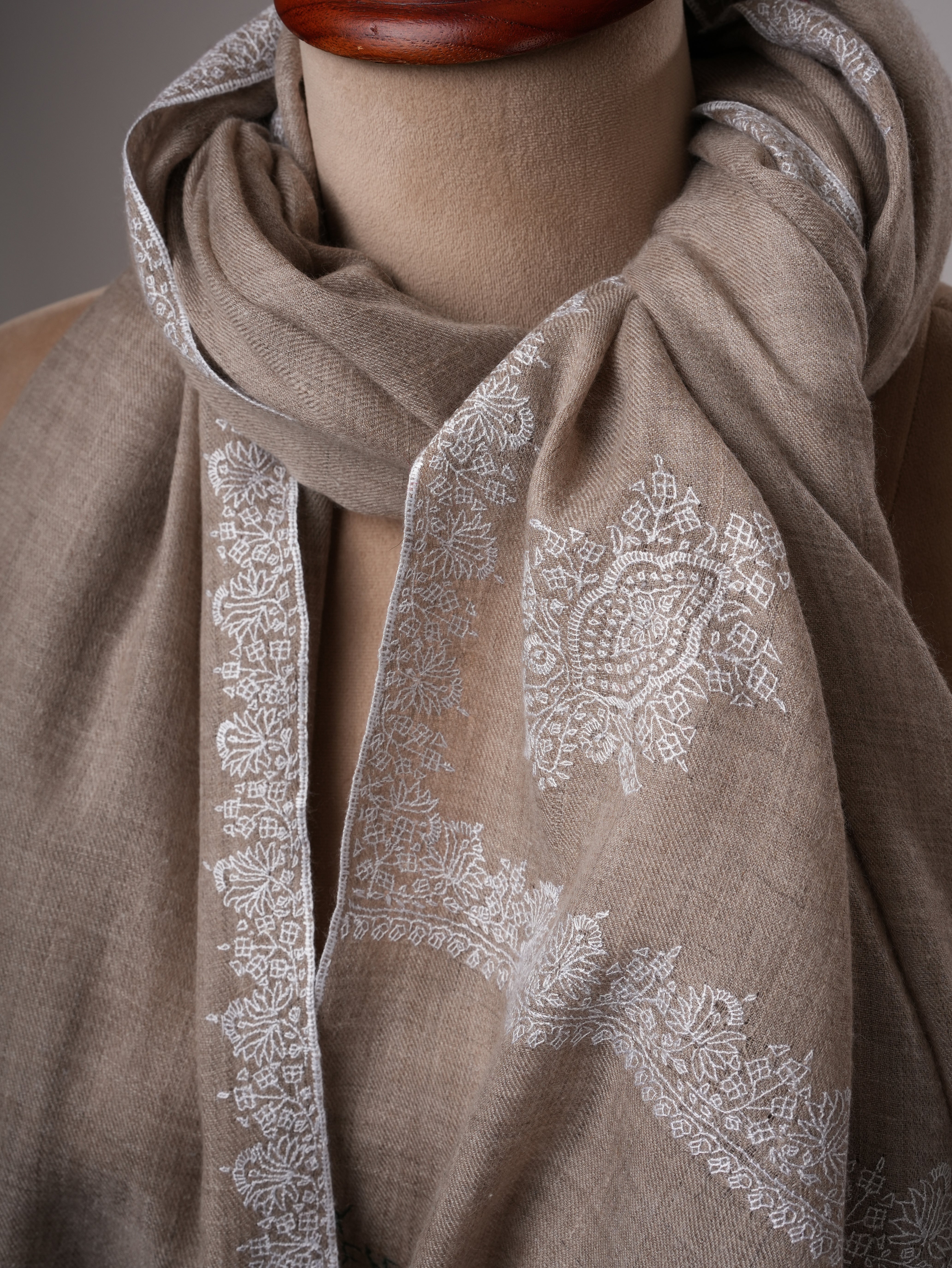 Natural Grey Pashmina Shawl with White Hashia Sozni Embroidery Shahkaar