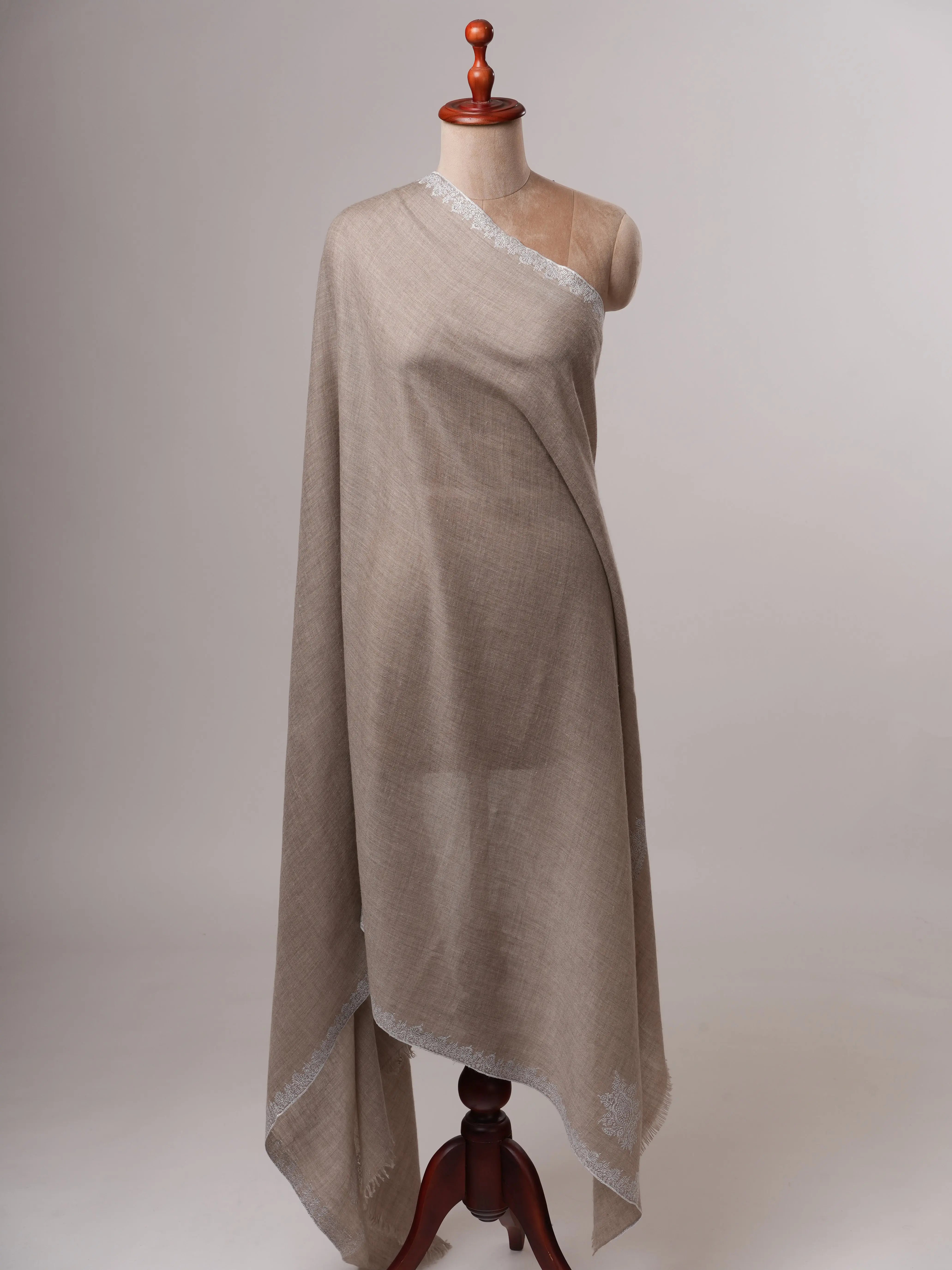 Natural Grey Pashmina Shawl with White Hashia Sozni Embroidery Shahkaar