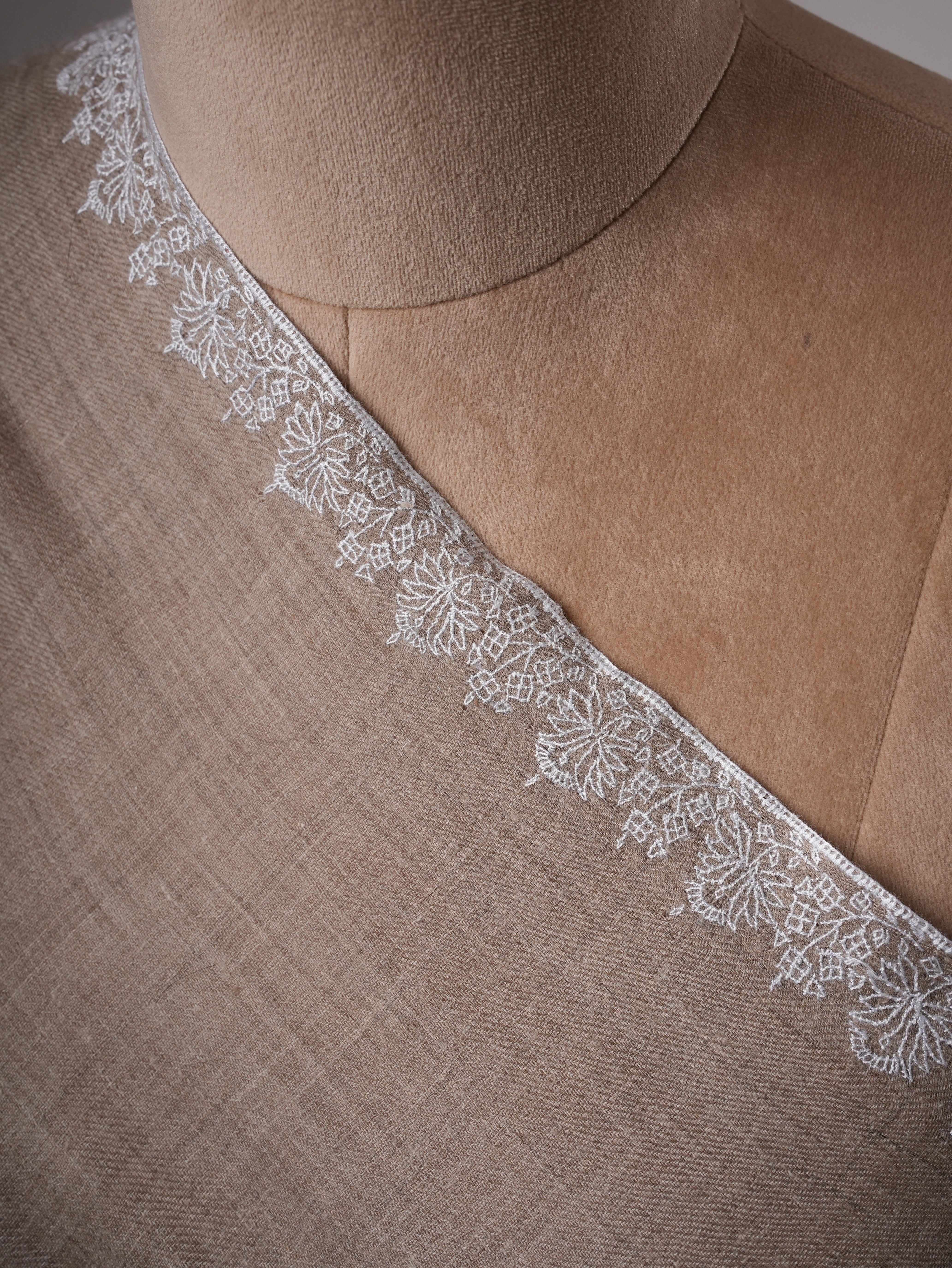 Natural Grey Pashmina Shawl with White Hashia Sozni Embroidery Shahkaar