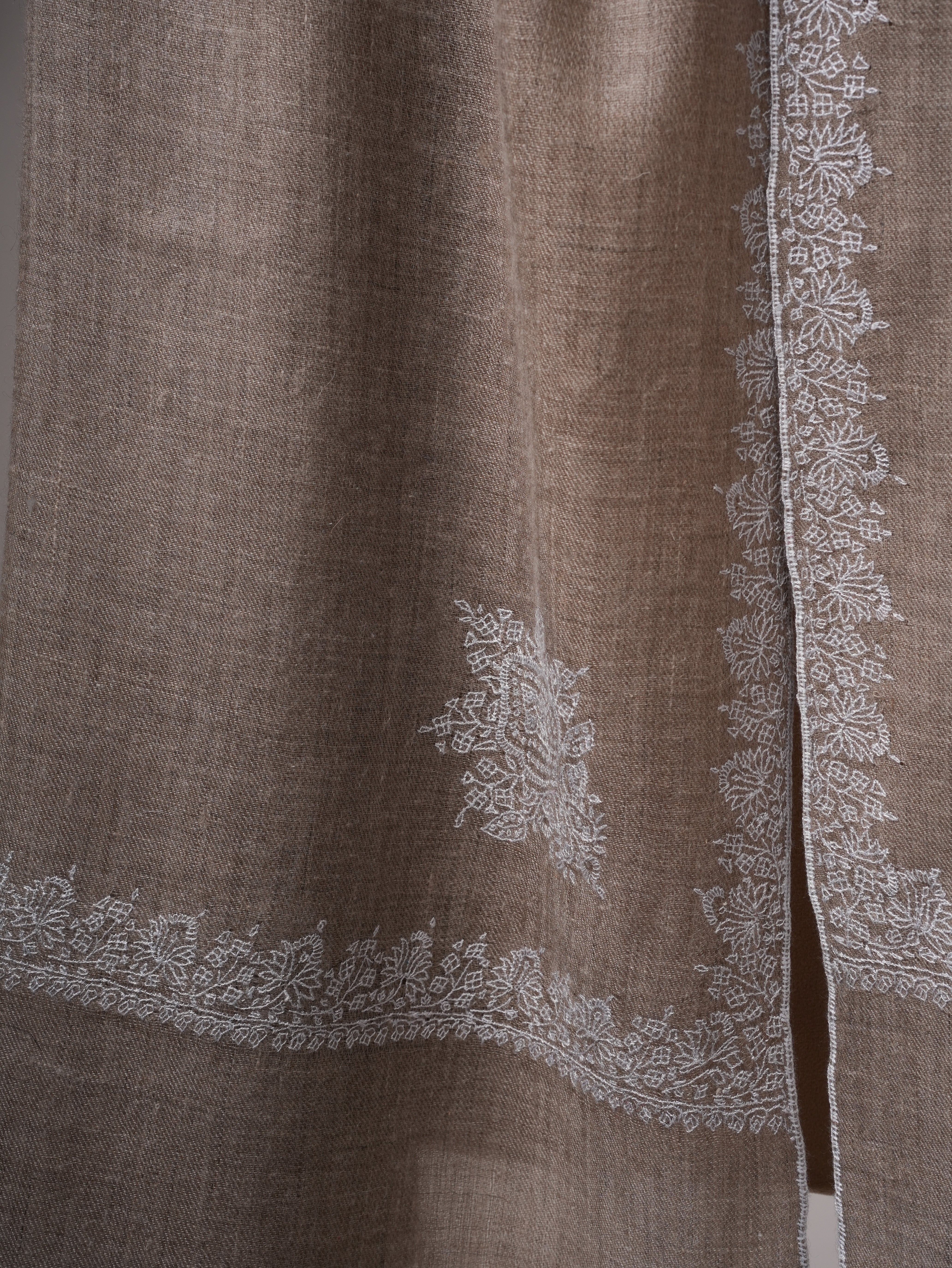 Natural Grey Pashmina Shawl with White Hashia Sozni Embroidery Shahkaar