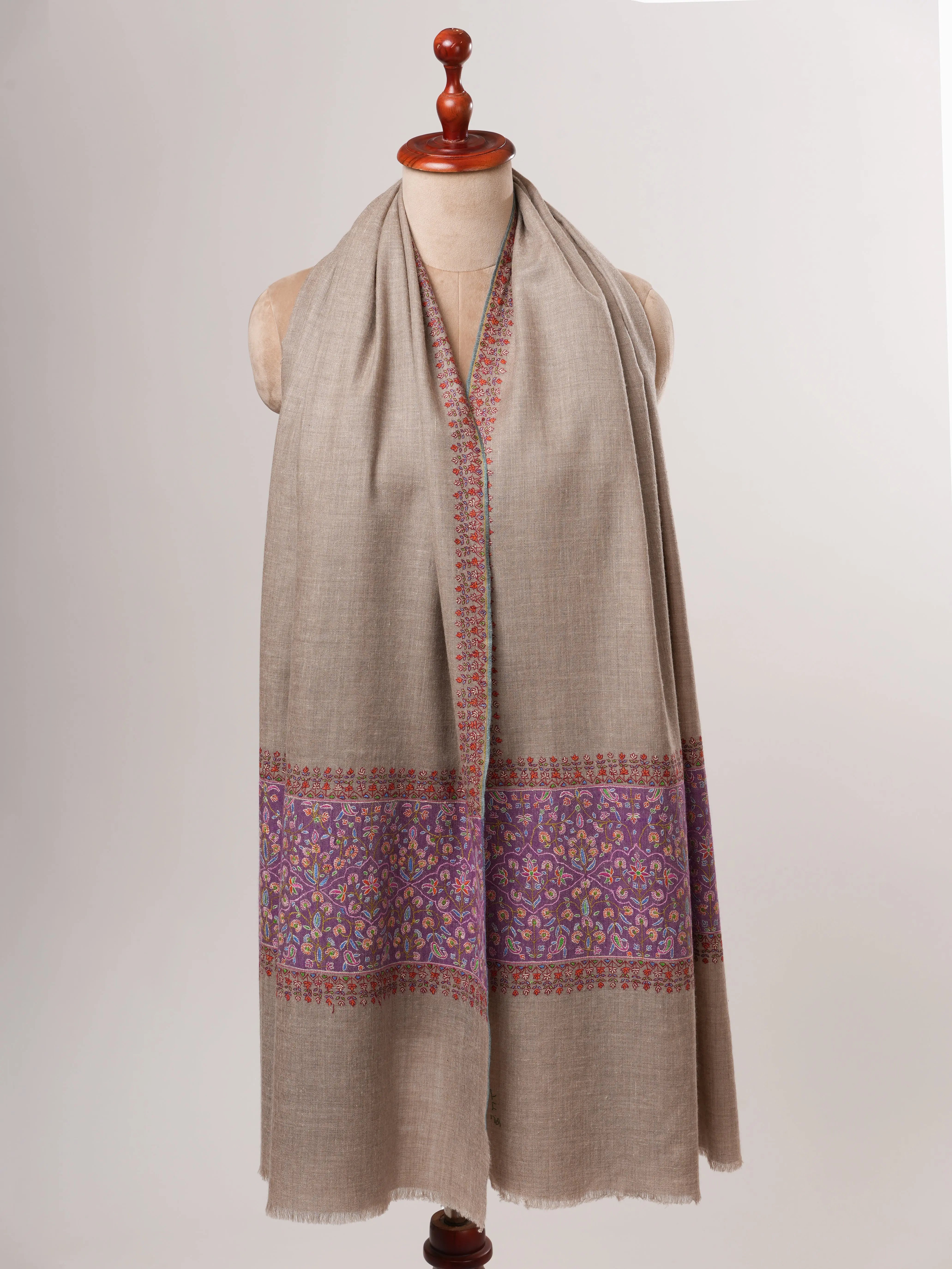 Natural Grey Kashmiri Pashmina Shawl – Palla Purple Sozni Embroidery Shahkaar