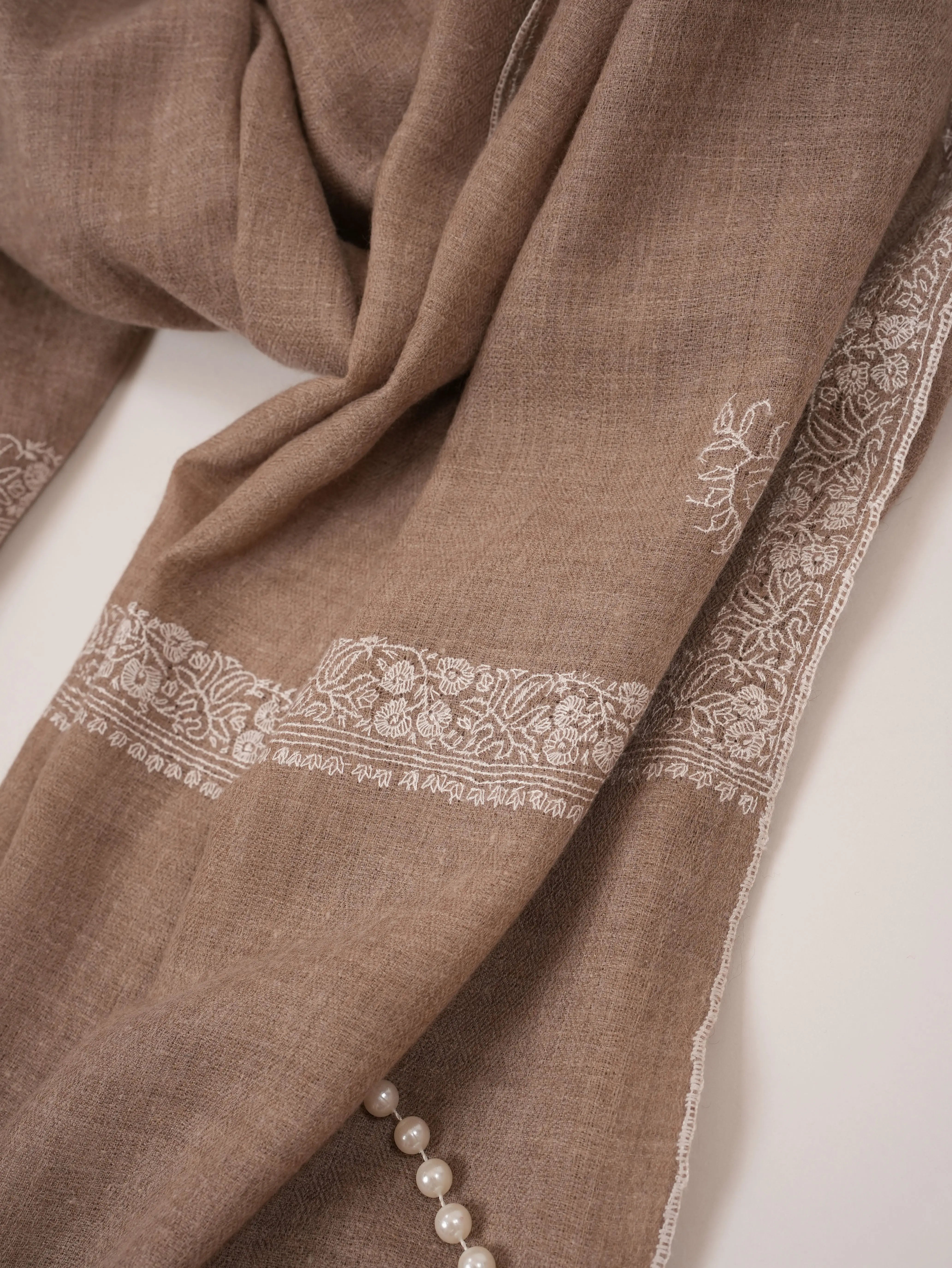 Beige Kashmiri Handwoven Pashmina Shawl with White Sozni Embroidery Shahkaar.com