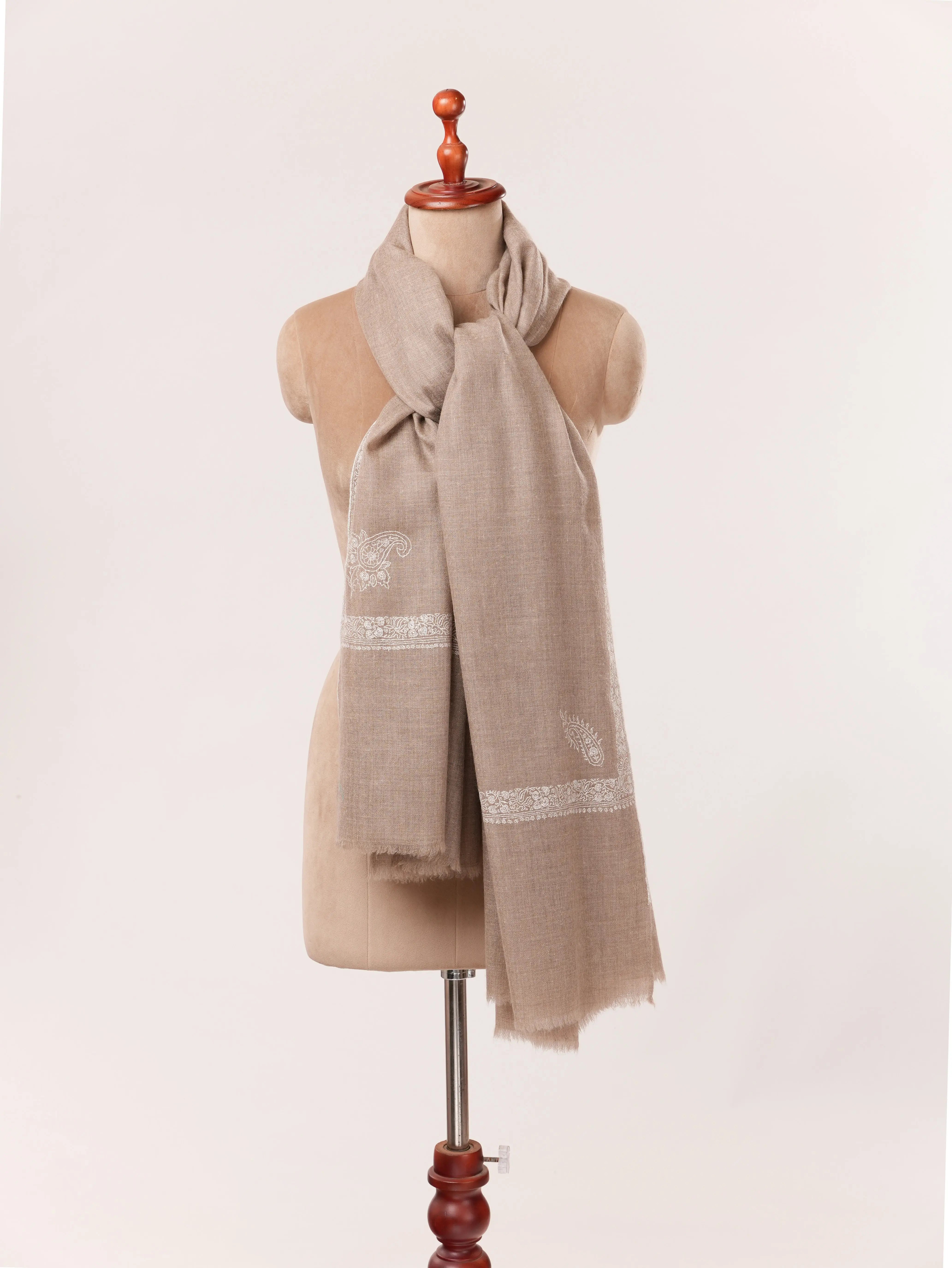 Beige Kashmiri Handwoven Pashmina Shawl with White Sozni Embroidery Shahkaar.com