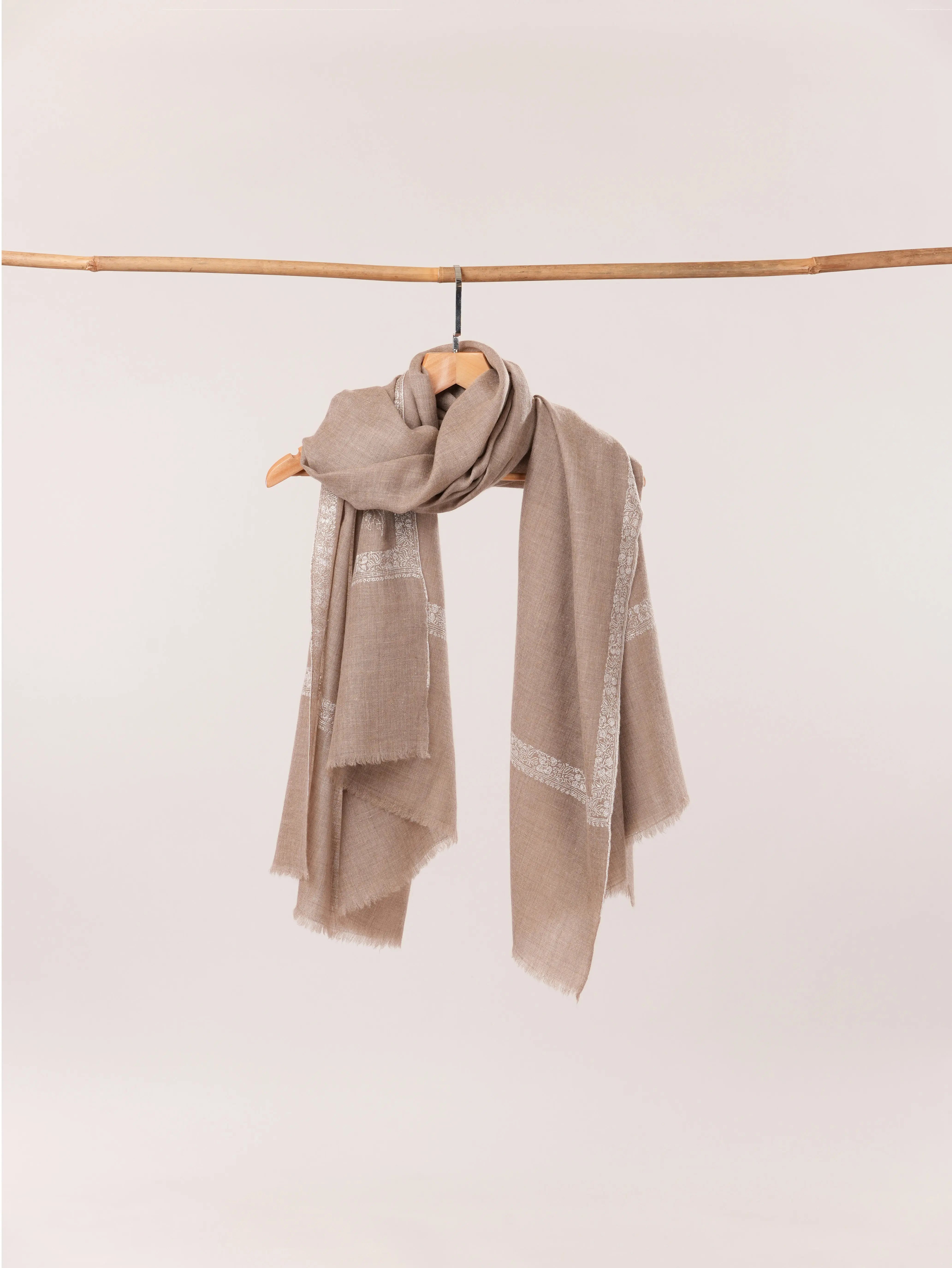 Beige Kashmiri Handwoven Pashmina Shawl with White Sozni Embroidery Shahkaar.com