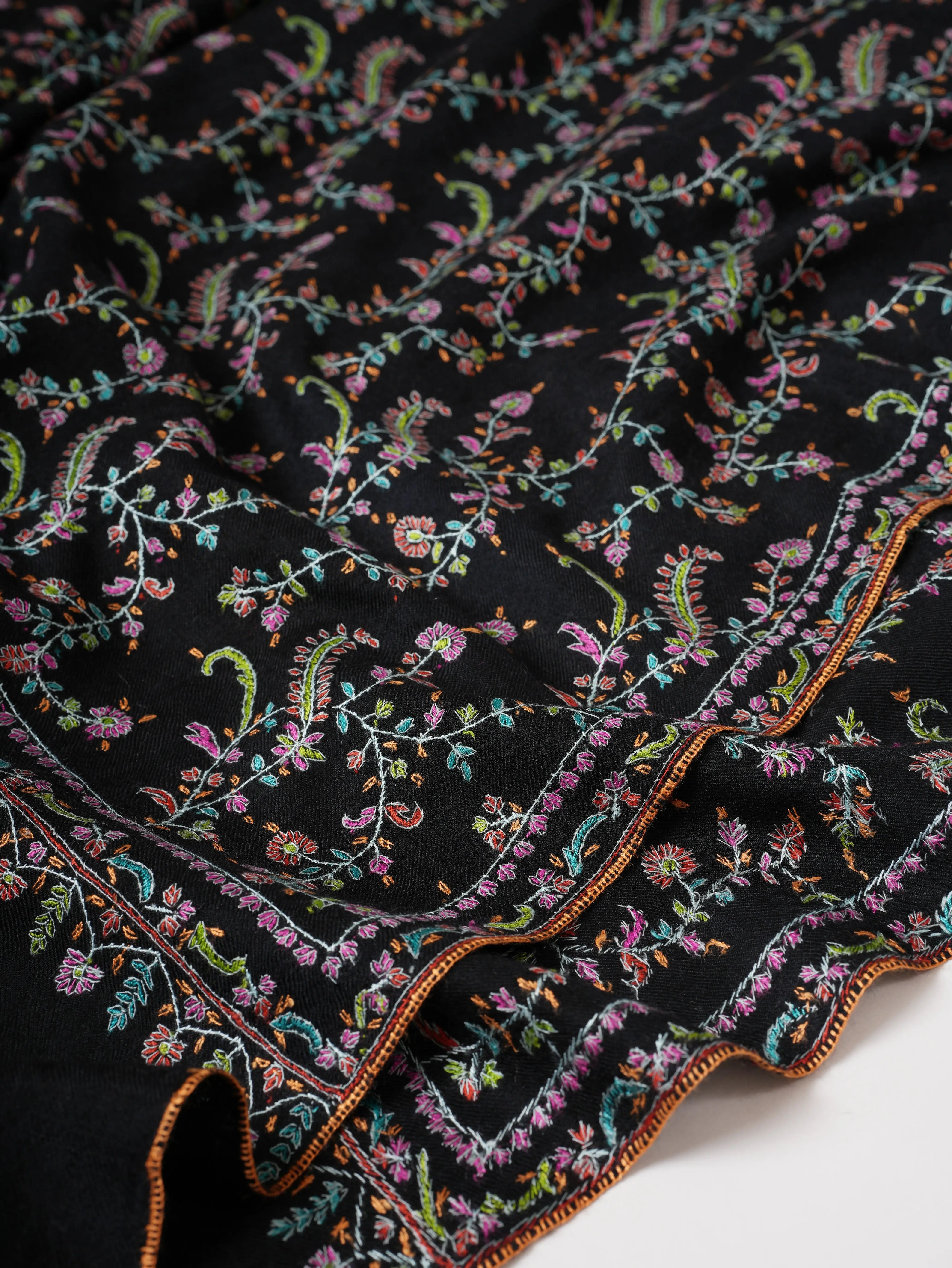Black Pashmina Shawl with Fine Detailed Sozni Jali Embroidery Shahkaar