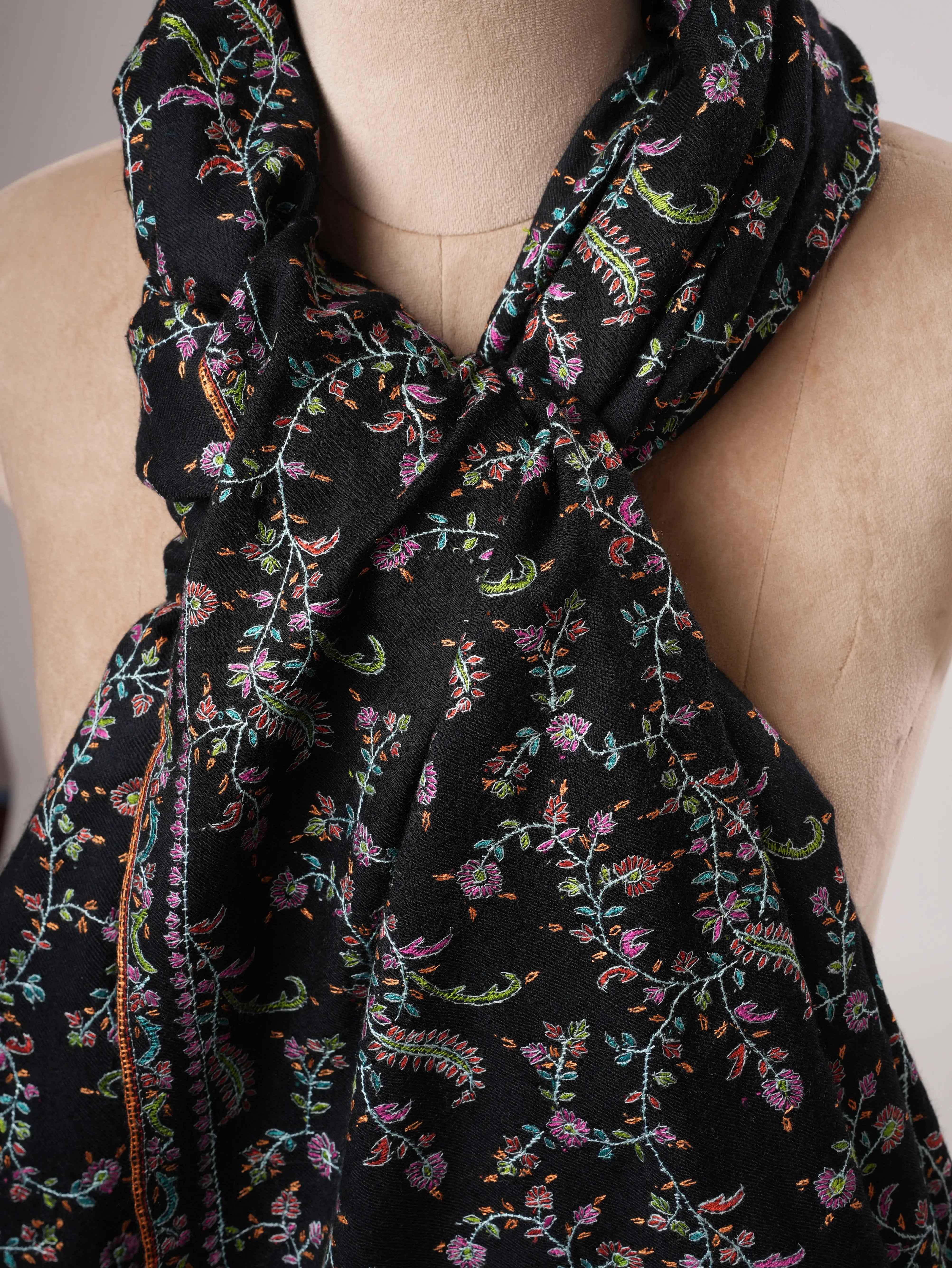 Black Pashmina Shawl with Fine Detailed Sozni Jali Embroidery Shahkaar