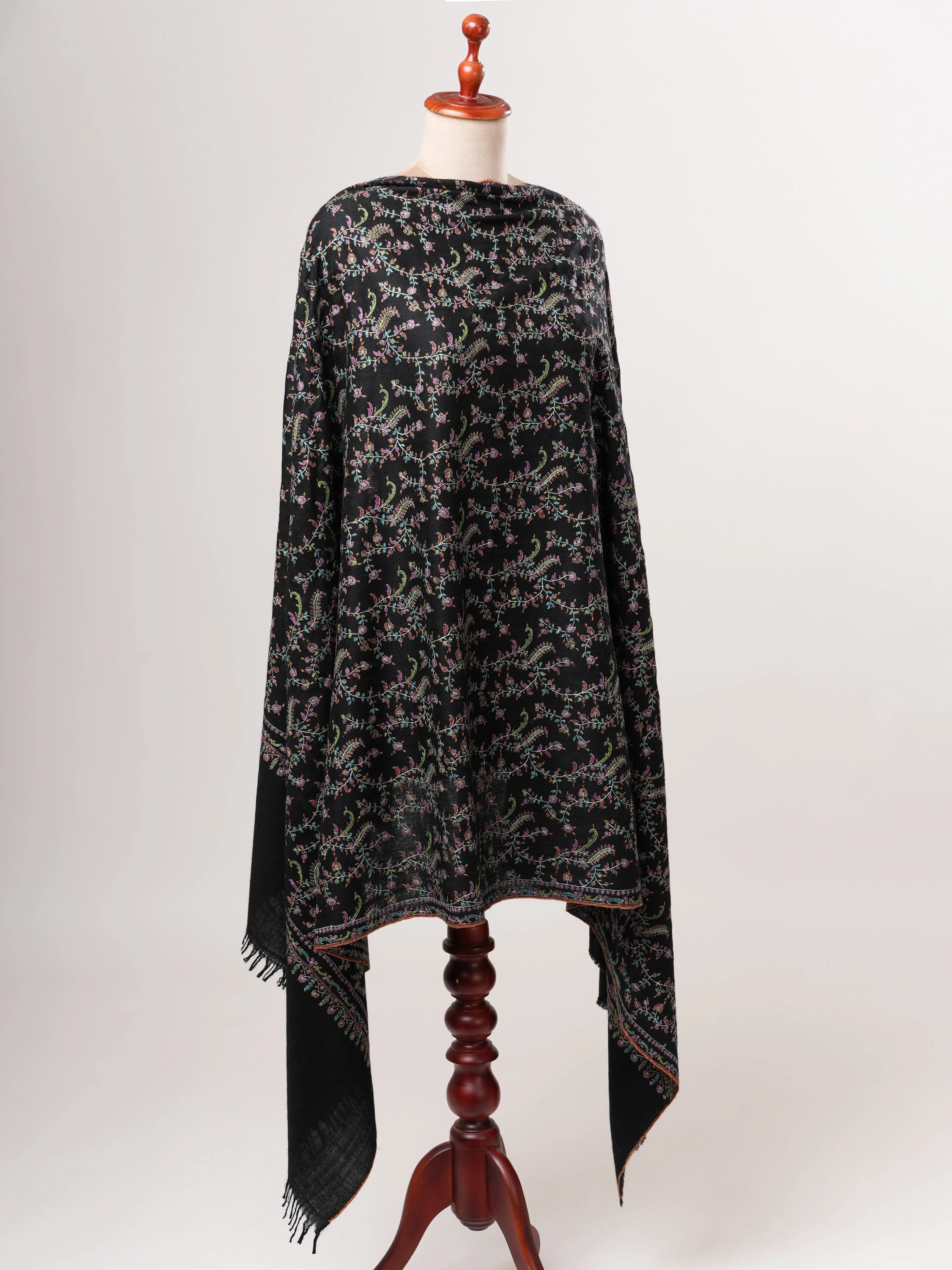 Black Pashmina Shawl with Fine Detailed Sozni Jali Embroidery Shahkaar