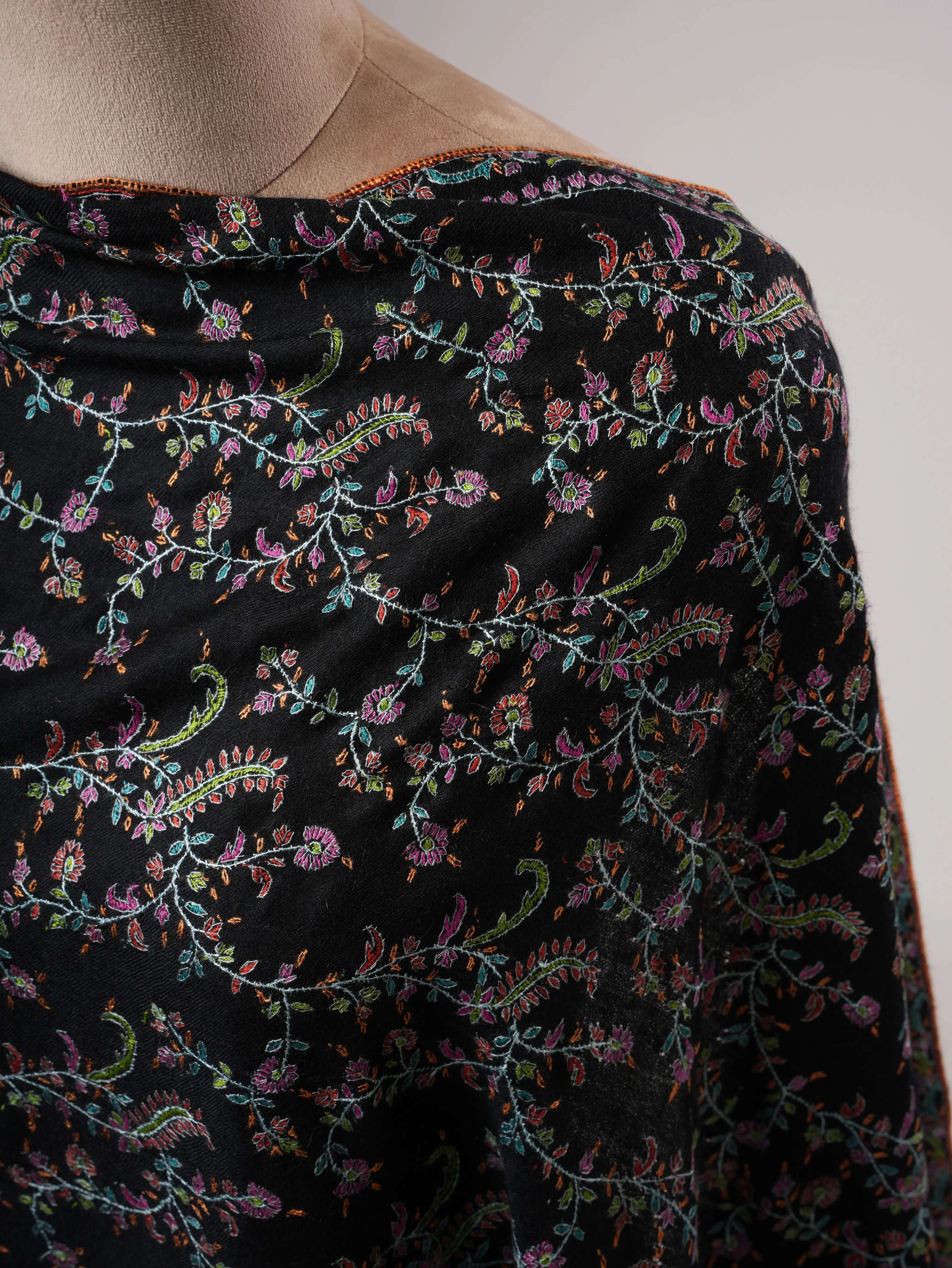 Black Pashmina Shawl with Fine Detailed Sozni Jali Embroidery Shahkaar