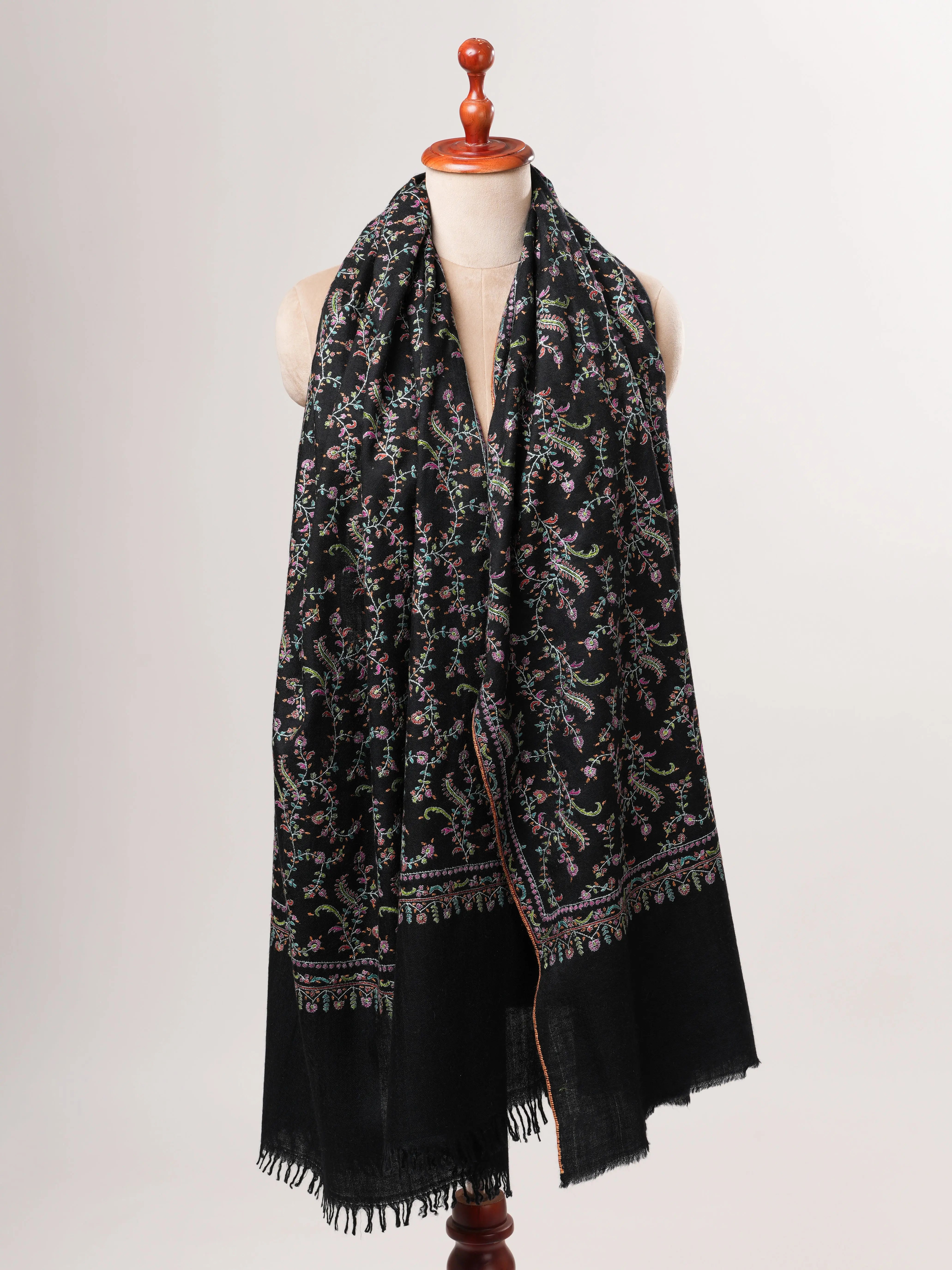 Black Pashmina Shawl with Fine Detailed Sozni Jali Embroidery Shahkaar