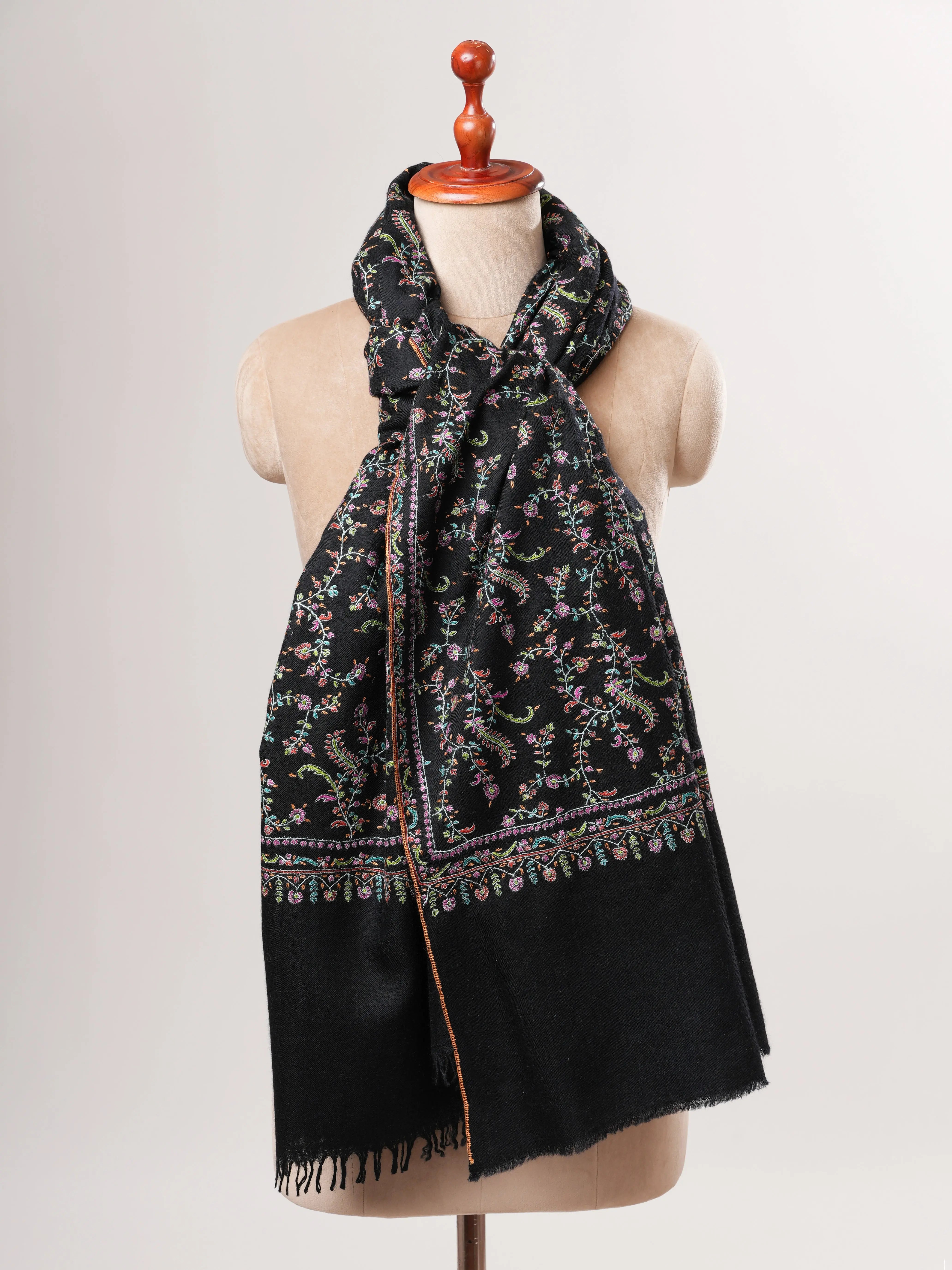 Black Pashmina Shawl with Fine Detailed Sozni Jali Embroidery Shahkaar