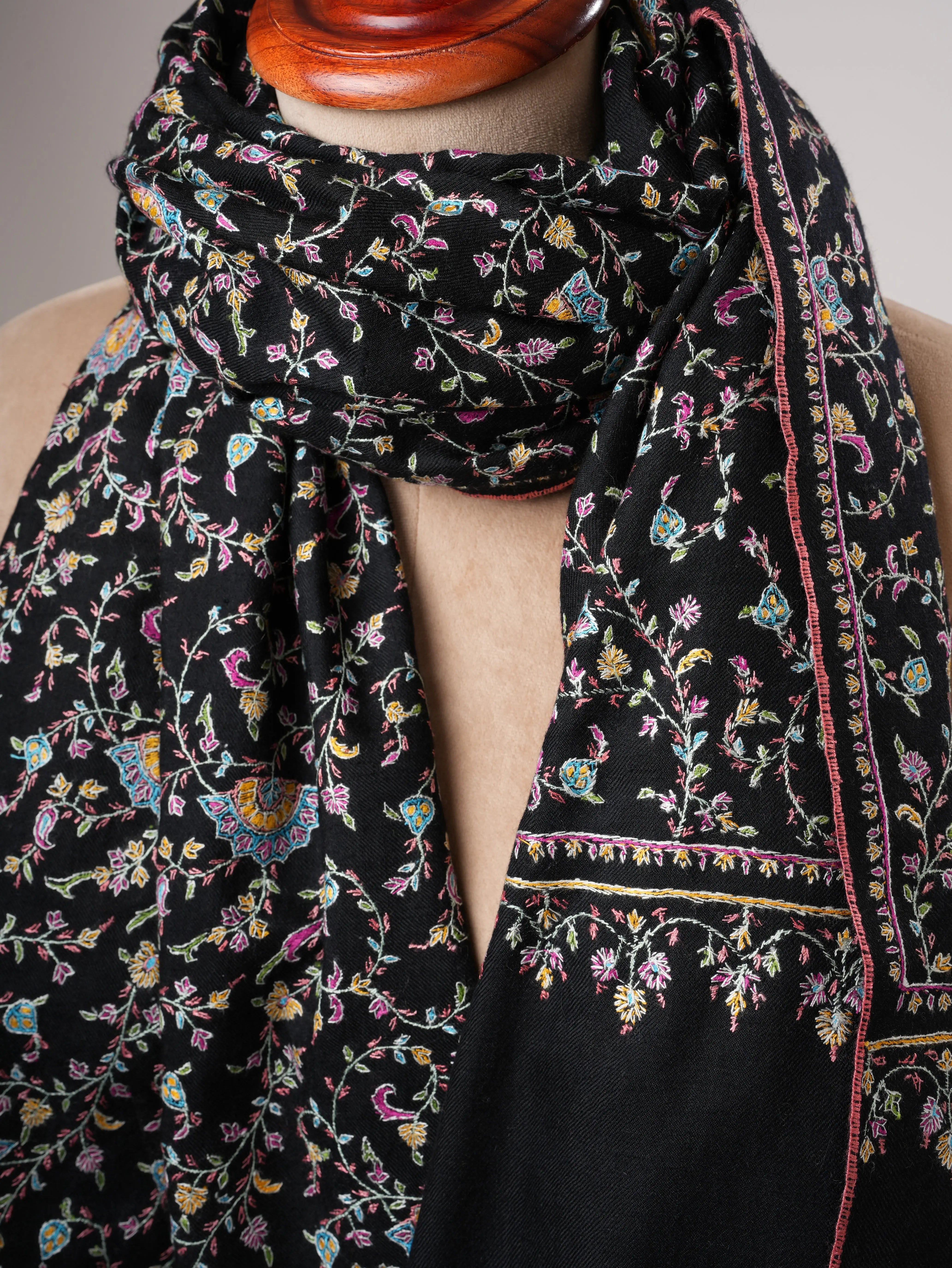 Black Authentic Kashmiri Pashmina with Fine Sozni Embroidery Shahkaar