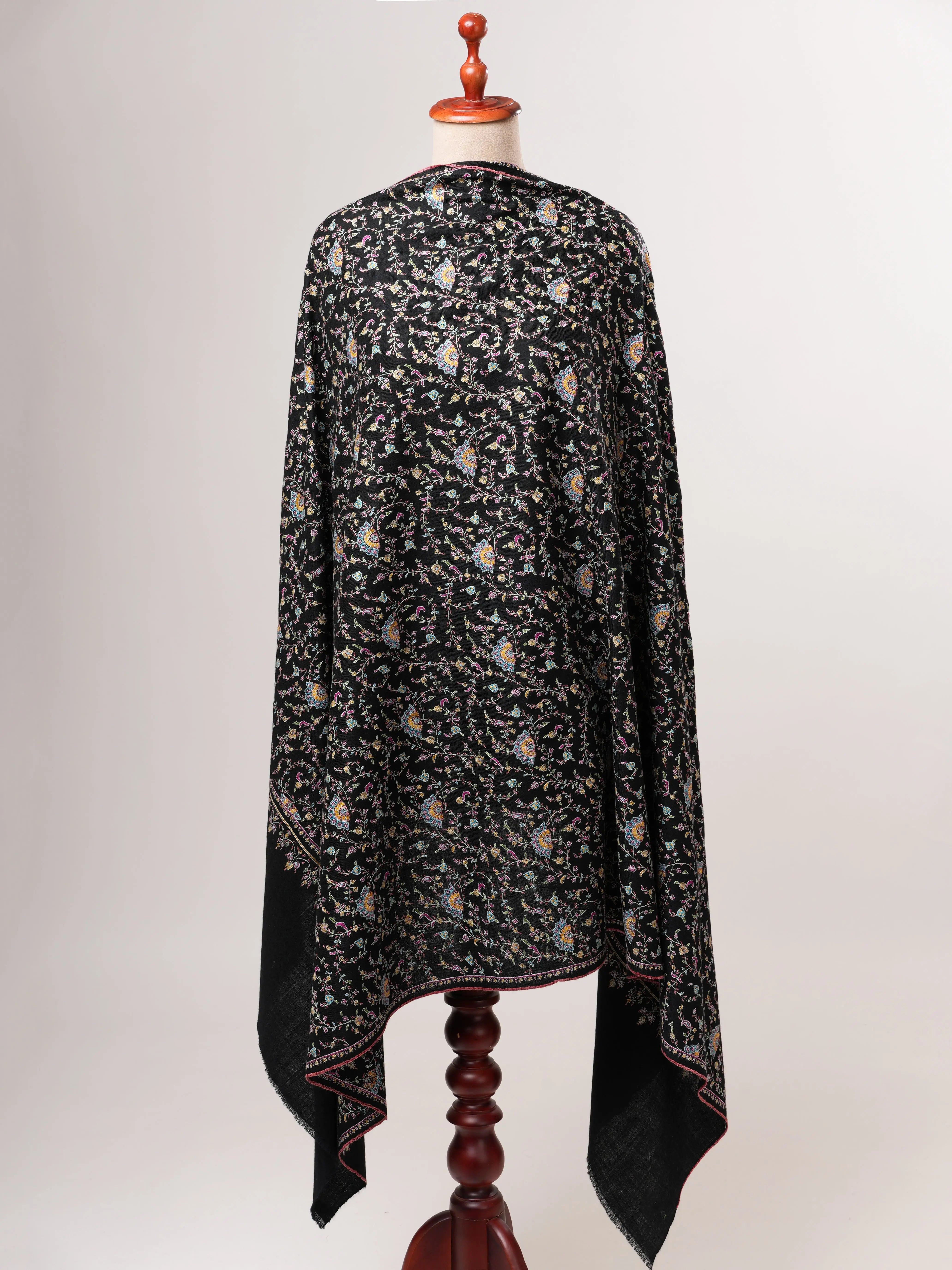 Black Authentic Kashmiri Pashmina with Fine Sozni Embroidery Shahkaar