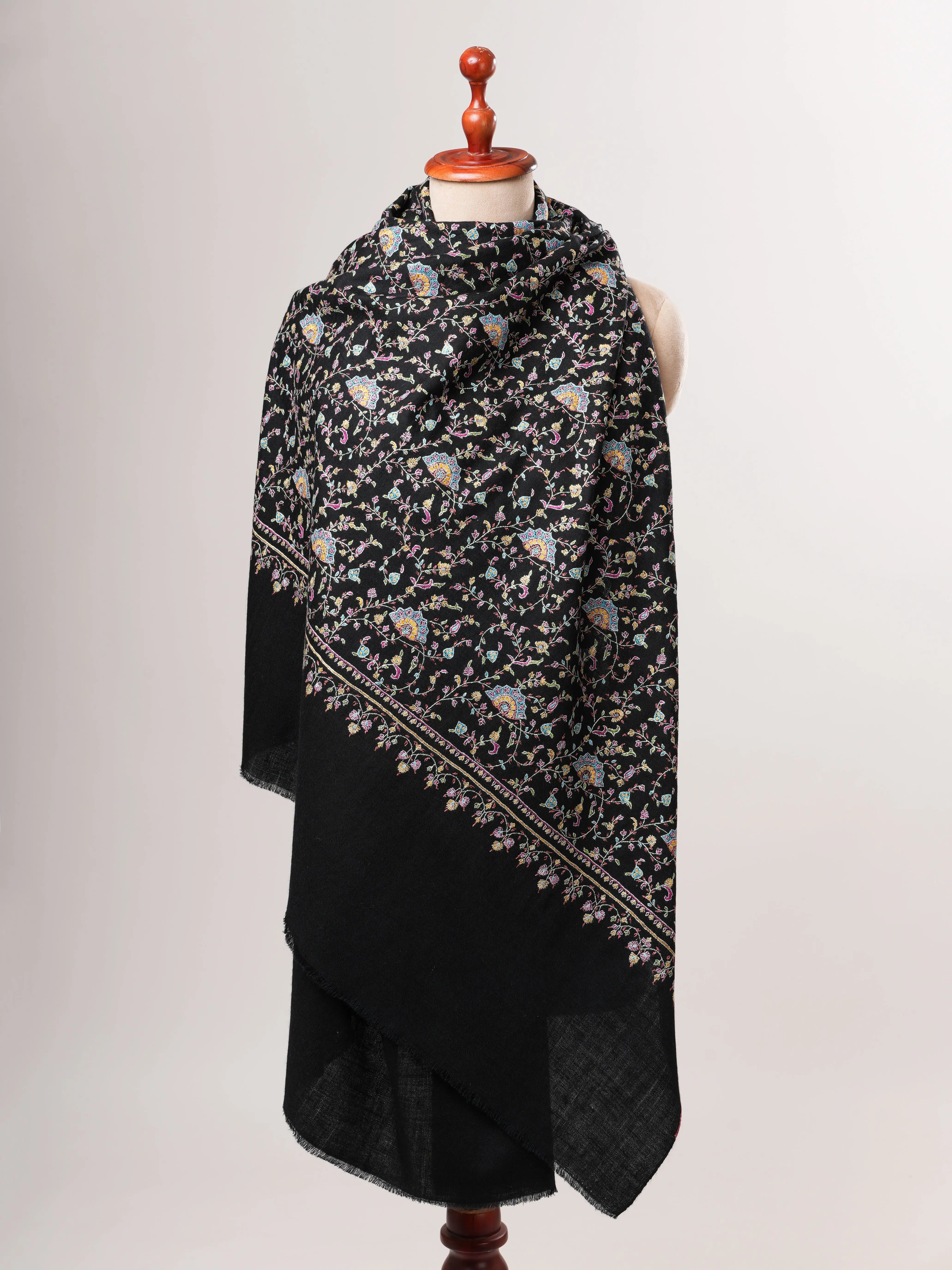 Black Authentic Kashmiri Pashmina with Fine Sozni Embroidery Shahkaar