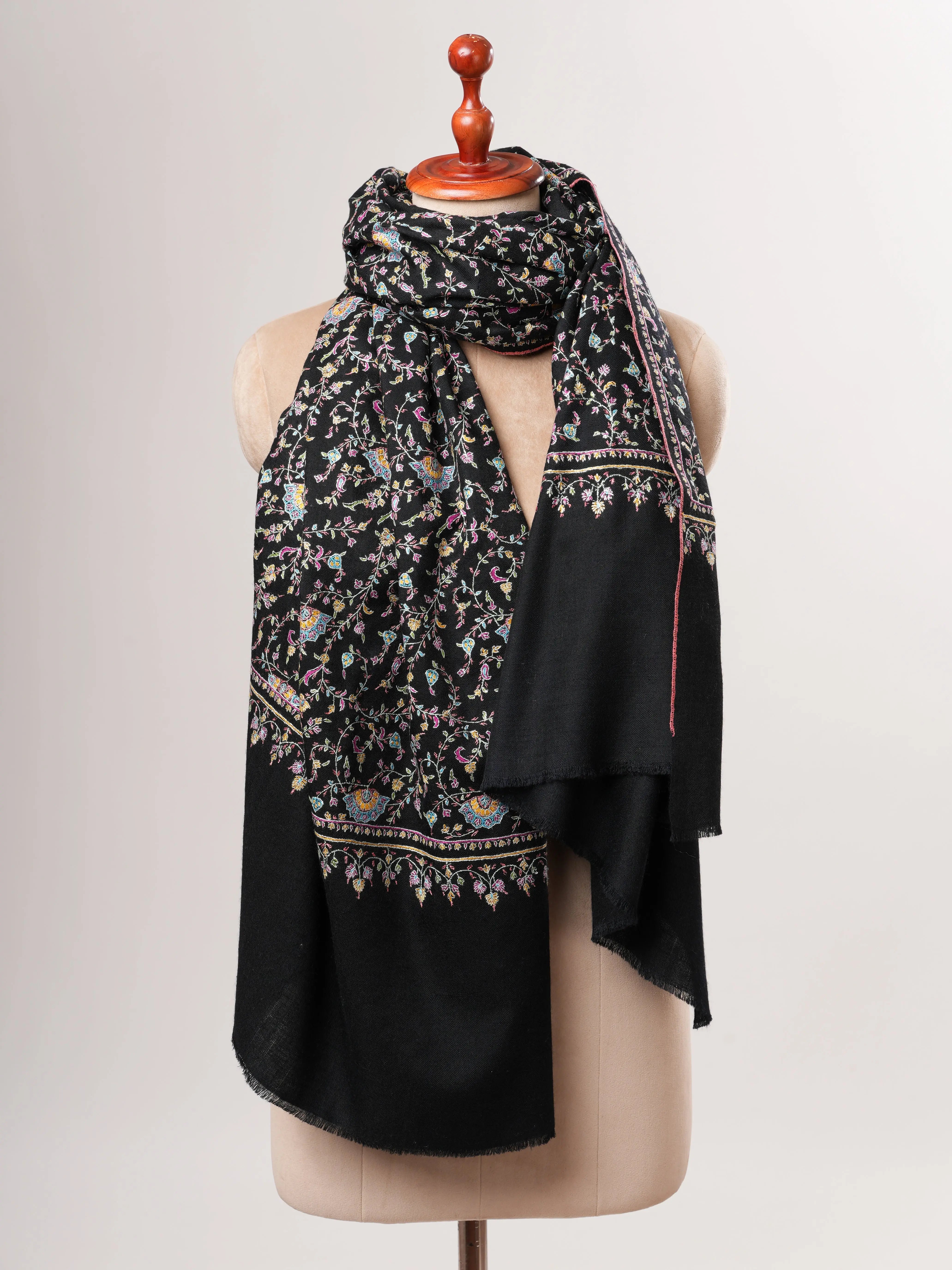Black Authentic Kashmiri Pashmina with Fine Sozni Embroidery Shahkaar