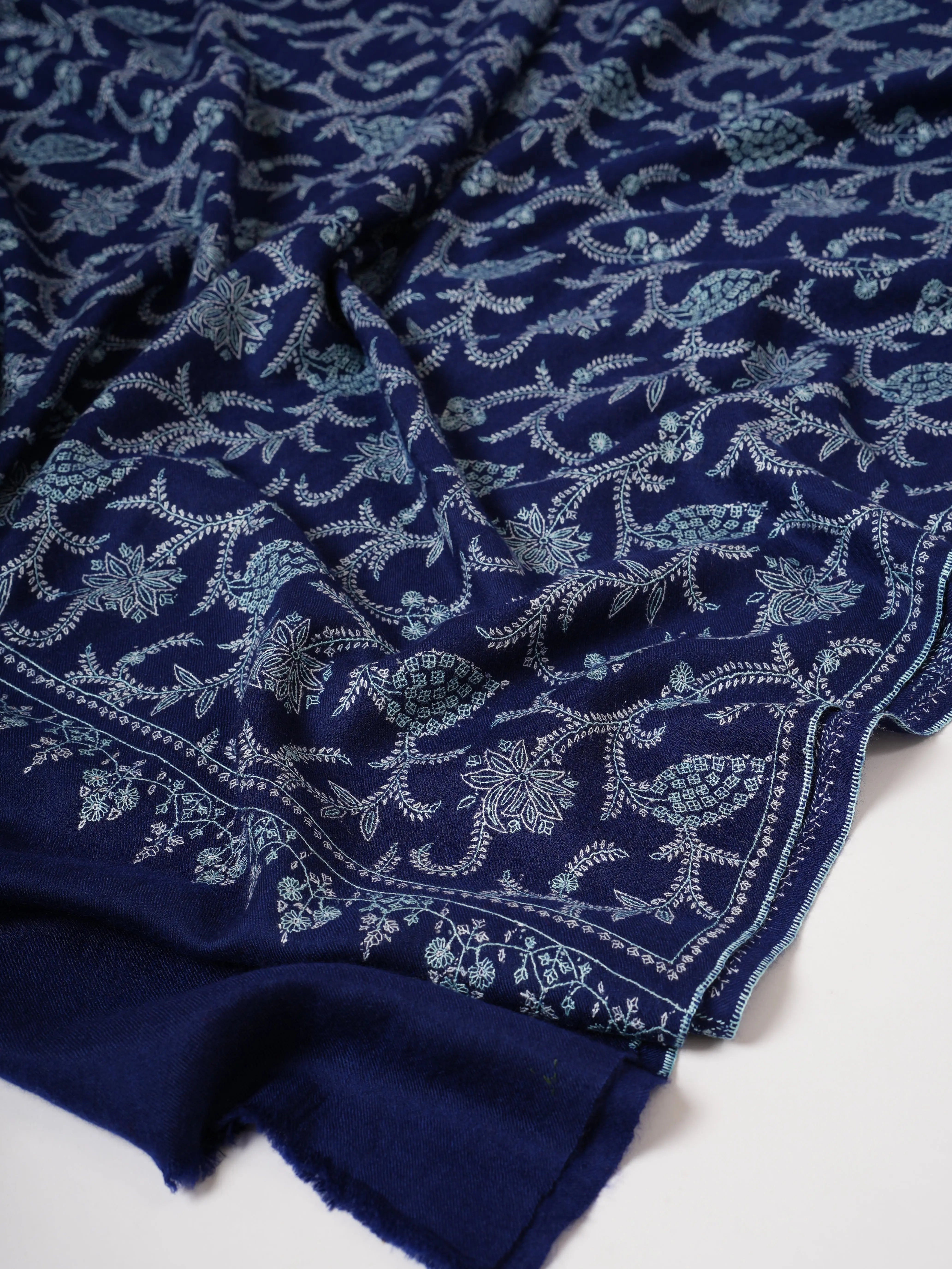 Blue Pashmina Shawl with Sozni Embroidered Jali Shahkaar