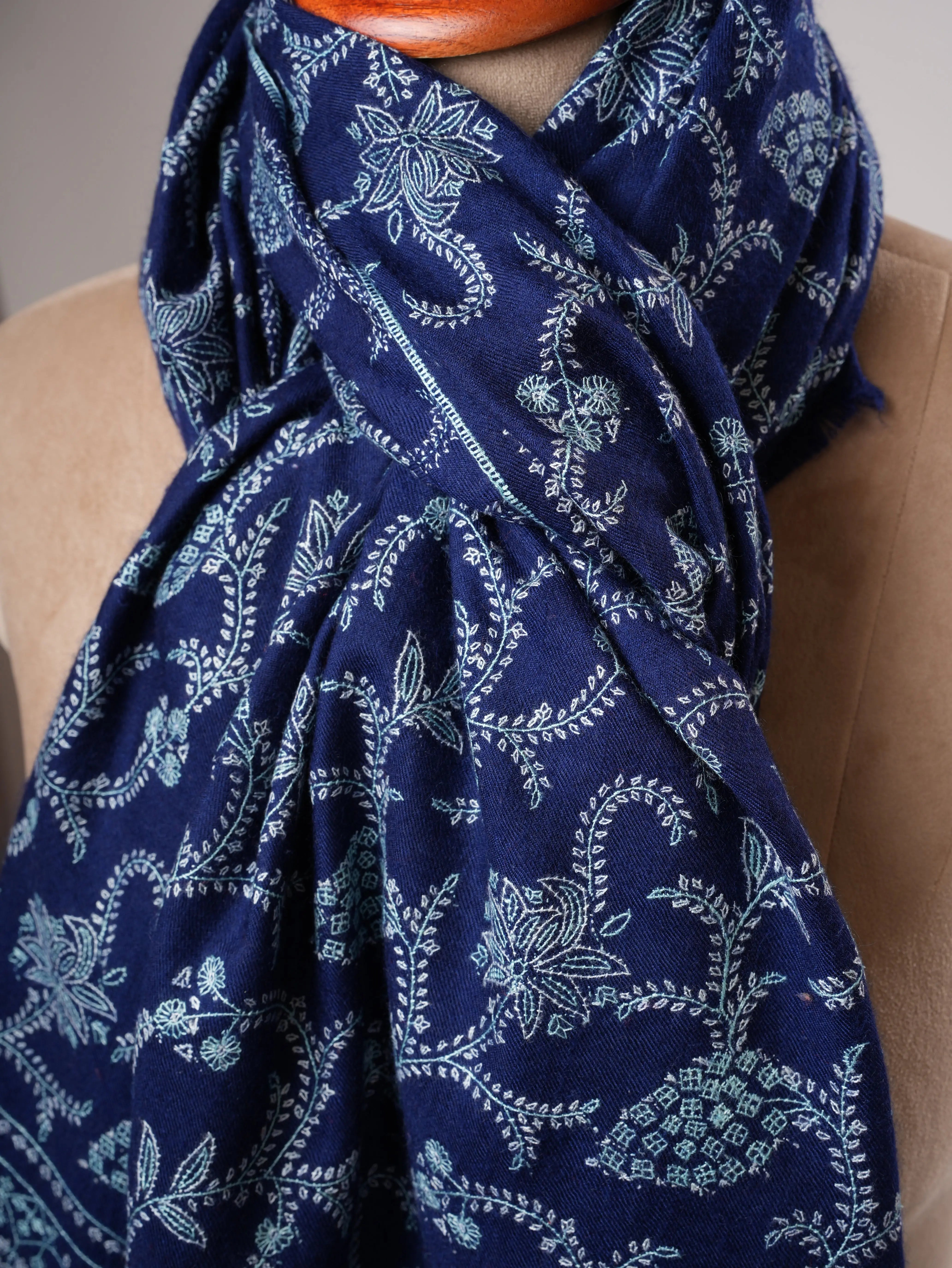 Blue Pashmina Shawl with Sozni Embroidered Jali Shahkaar