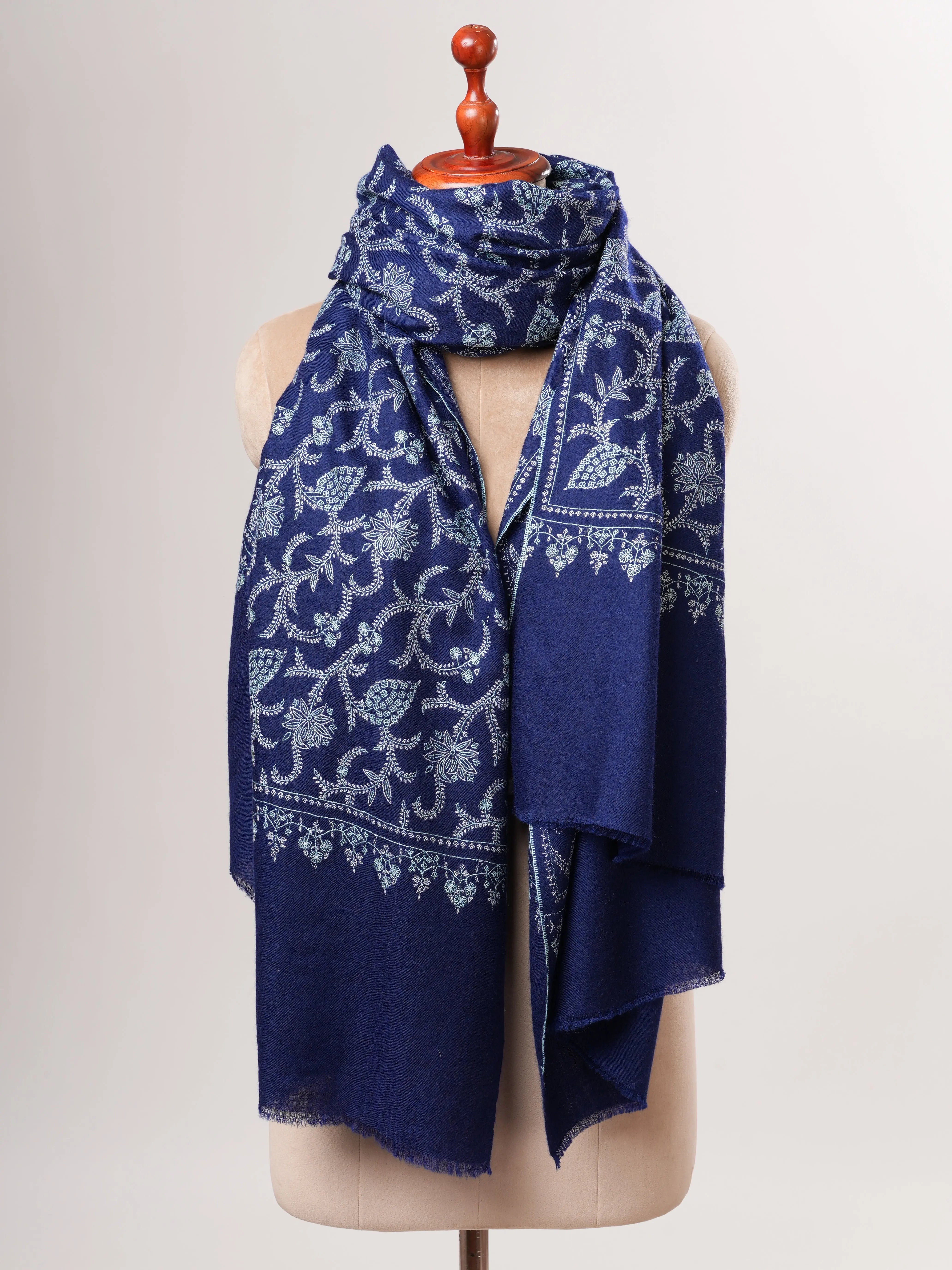 Blue Pashmina Shawl with Sozni Embroidered Jali Shahkaar