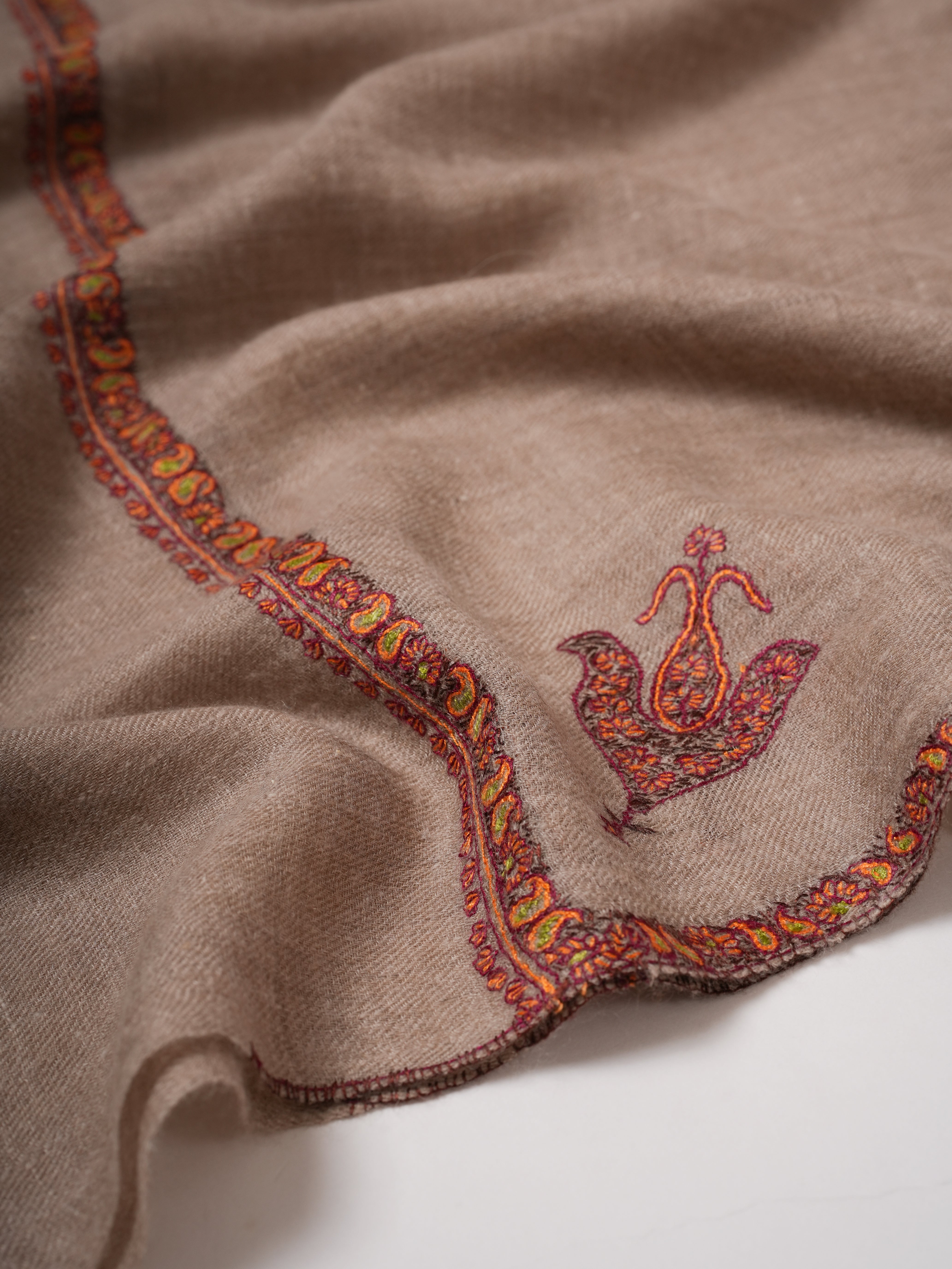 Bail Embroidered Soft Featherlight Cashmere Scarf in Natural Grey Shahkaar