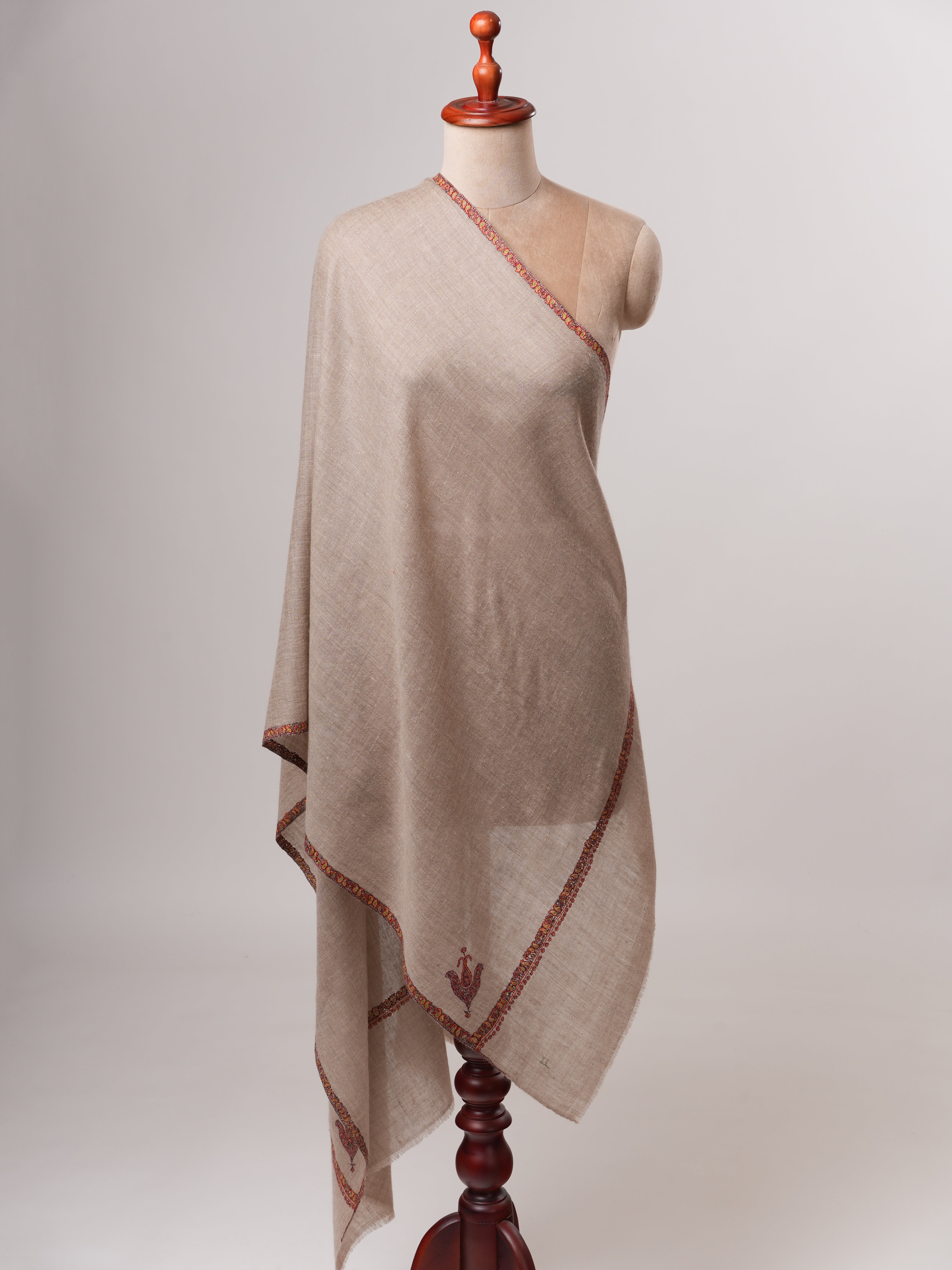Bail Embroidered Soft Featherlight Cashmere Scarf in Natural Grey Shahkaar