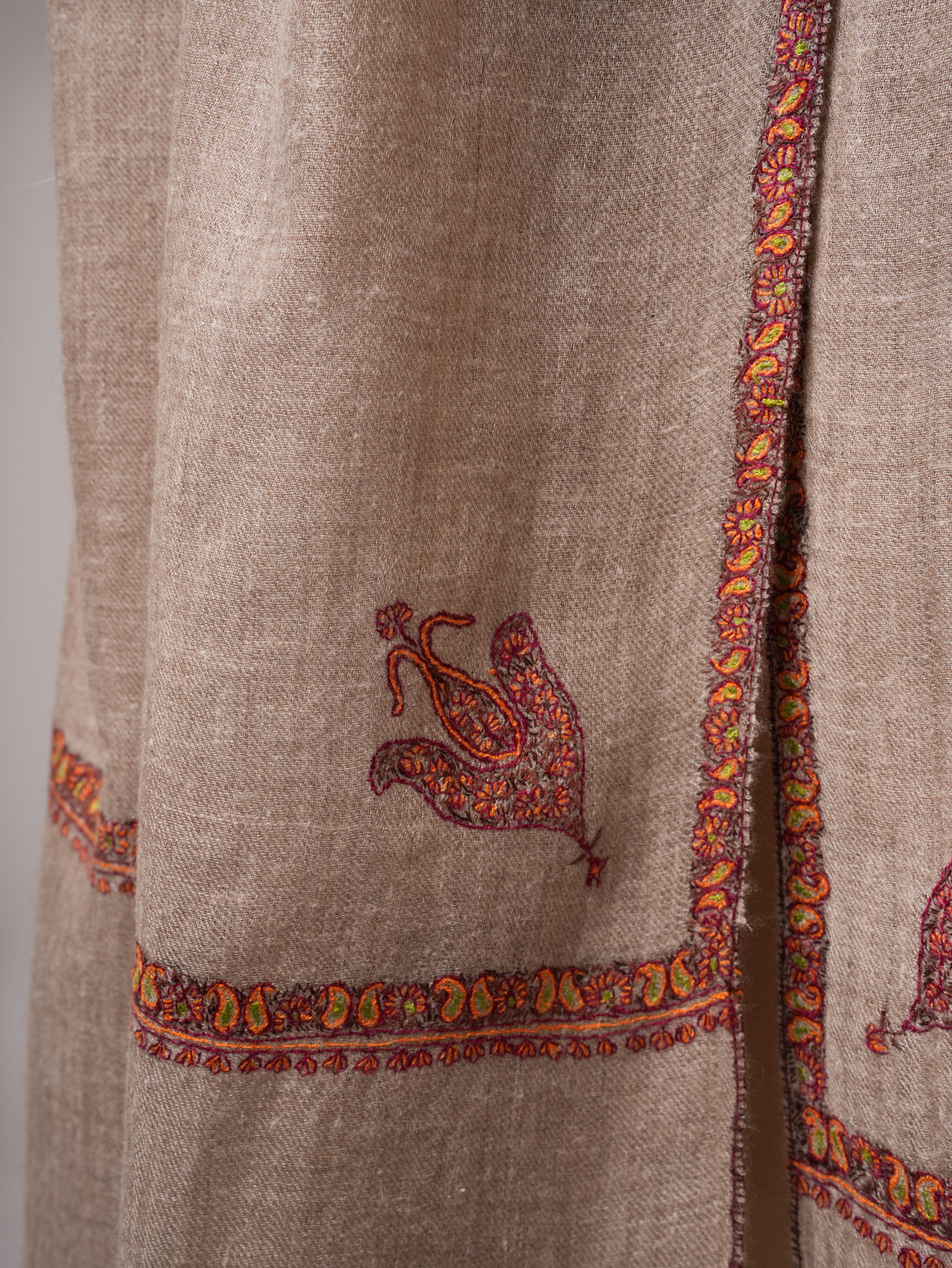 Bail Embroidered Soft Featherlight Cashmere Scarf in Natural Grey Shahkaar