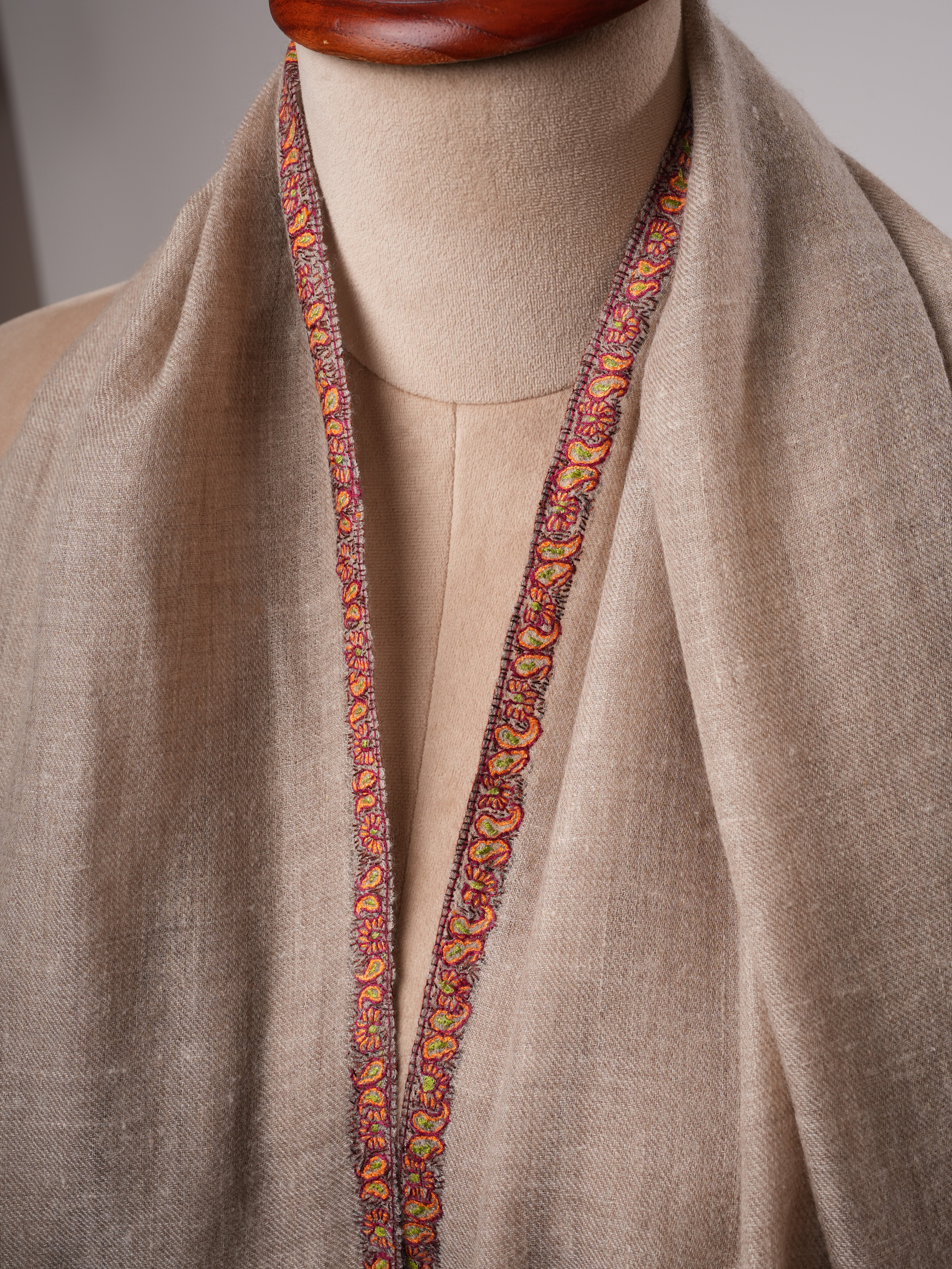 Bail Embroidered Soft Featherlight Cashmere Scarf in Natural Grey Shahkaar
