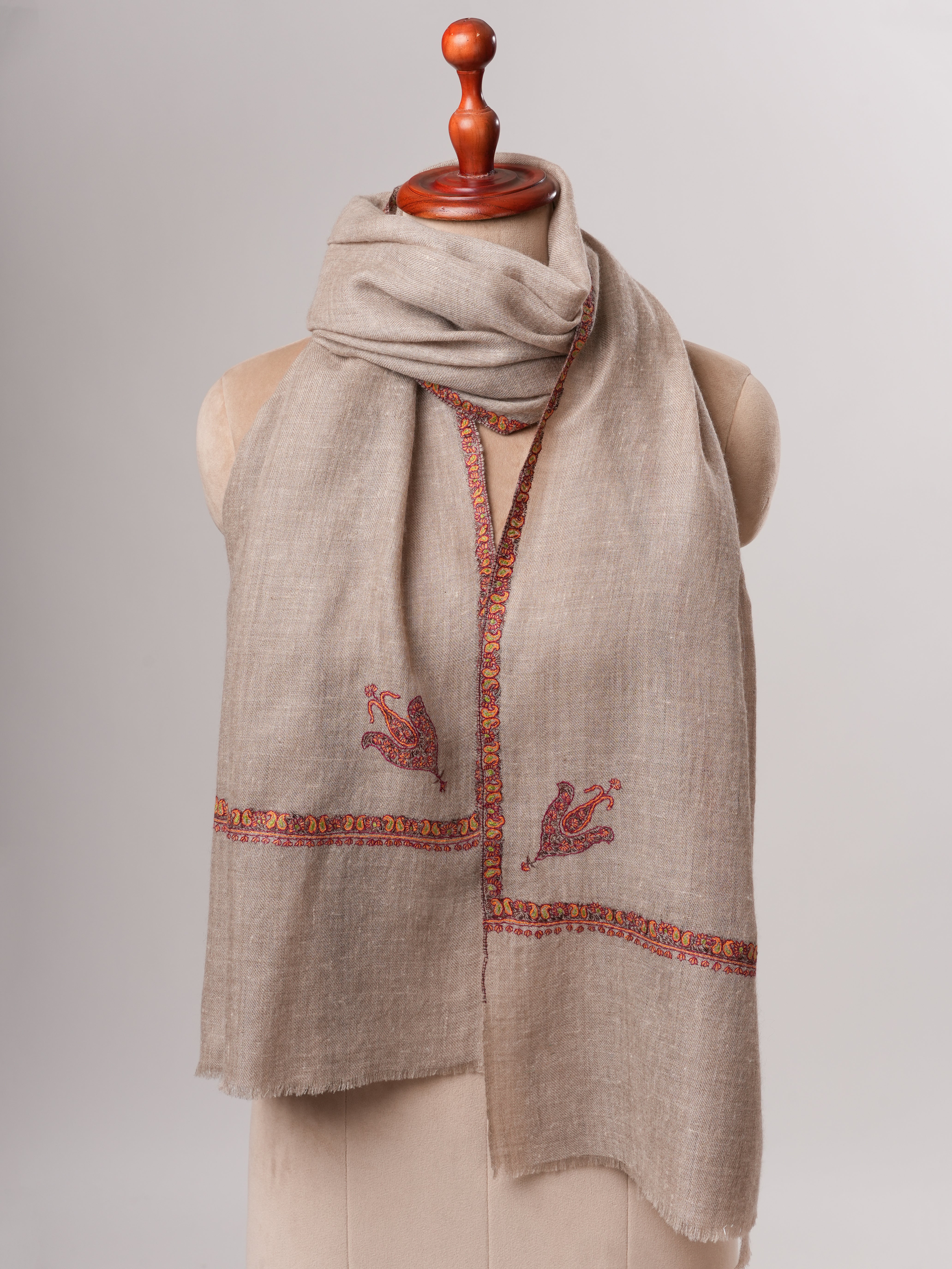 Bail Embroidered Soft Featherlight Cashmere Scarf in Natural Grey Shahkaar