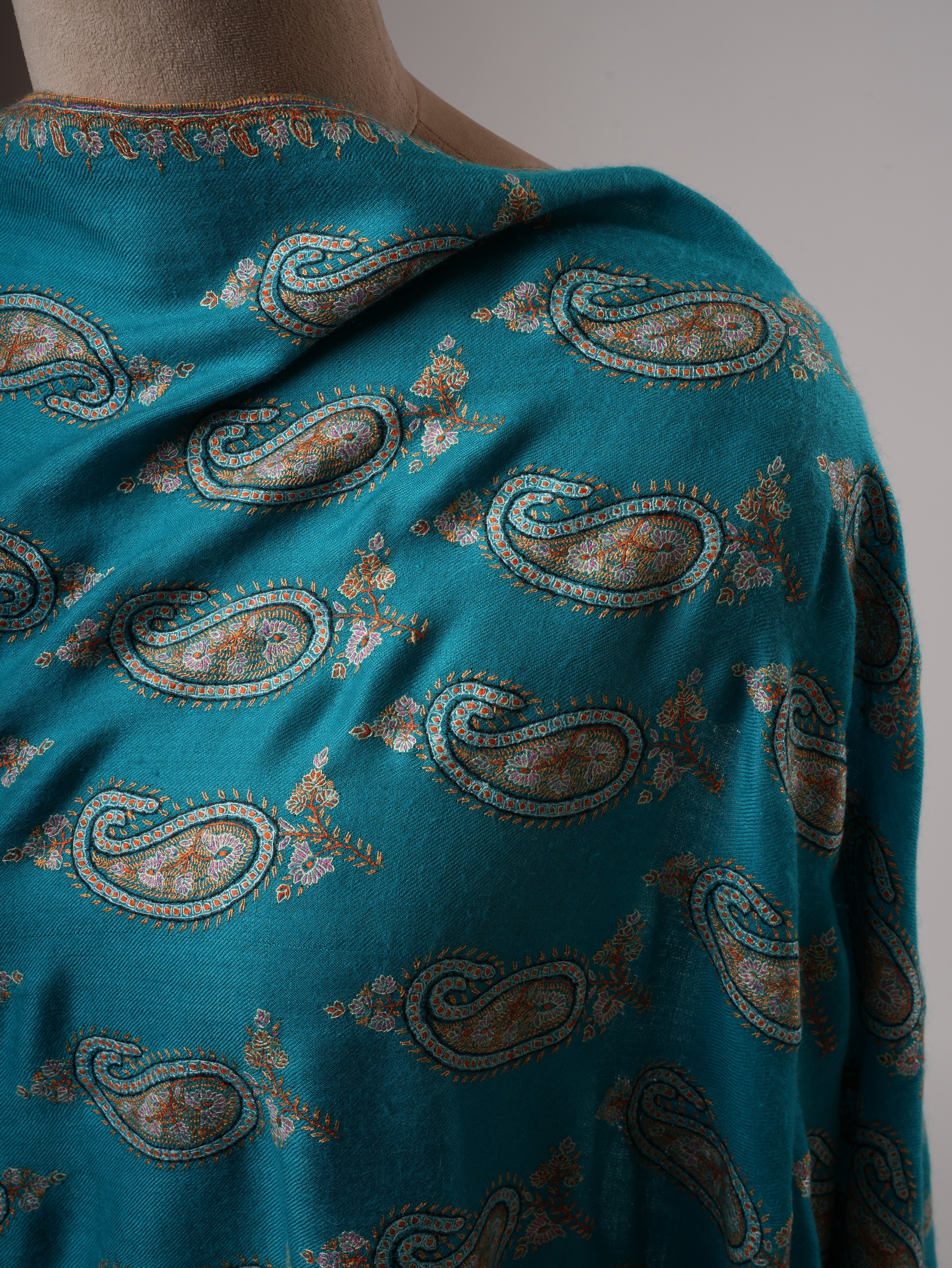 Turquoise Kashmiri Pashmina Shawl with Paisley Hand Embroidery Shahkaar