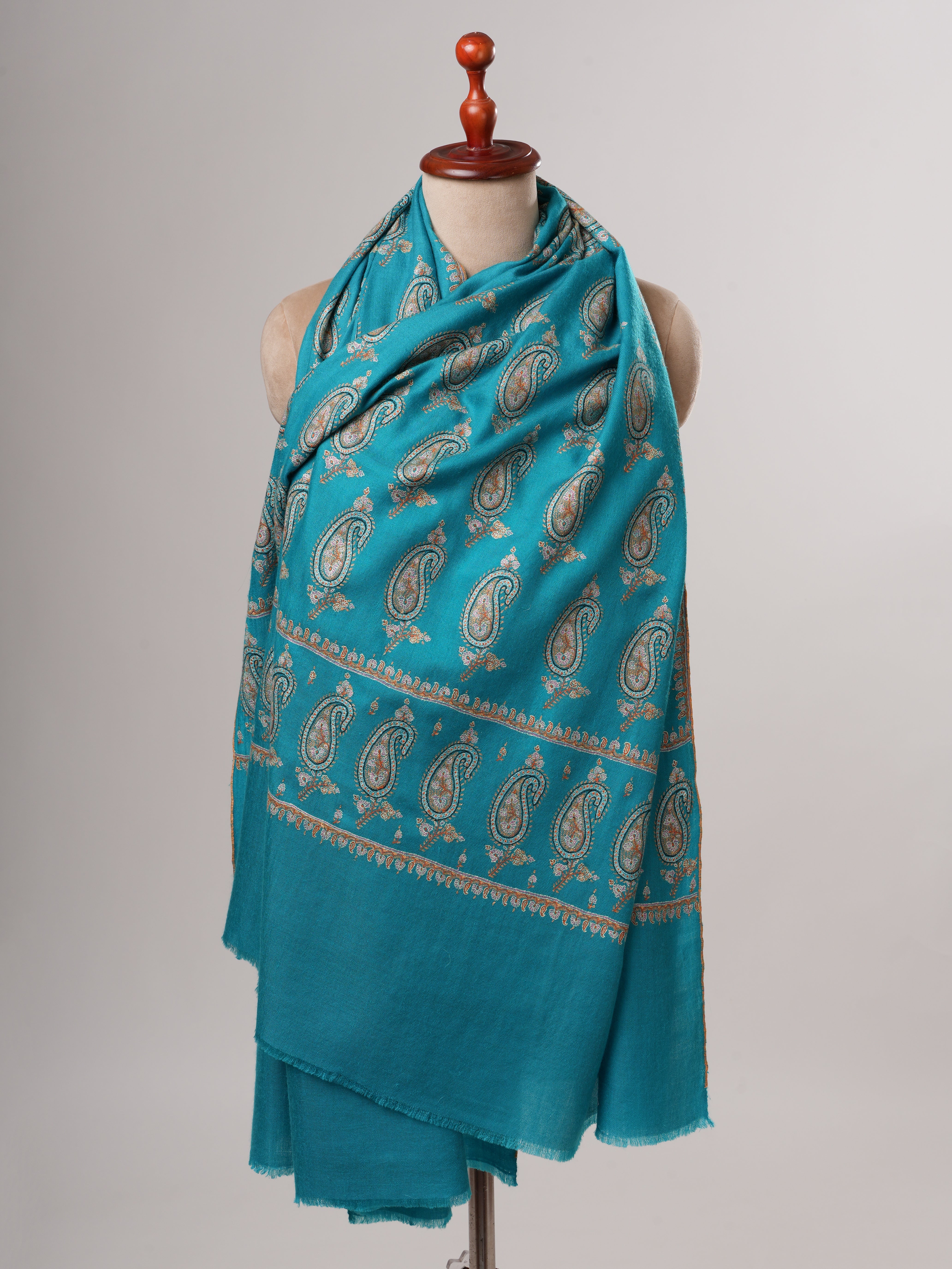 Turquoise Kashmiri Pashmina Shawl with Paisley Hand Embroidery Shahkaar