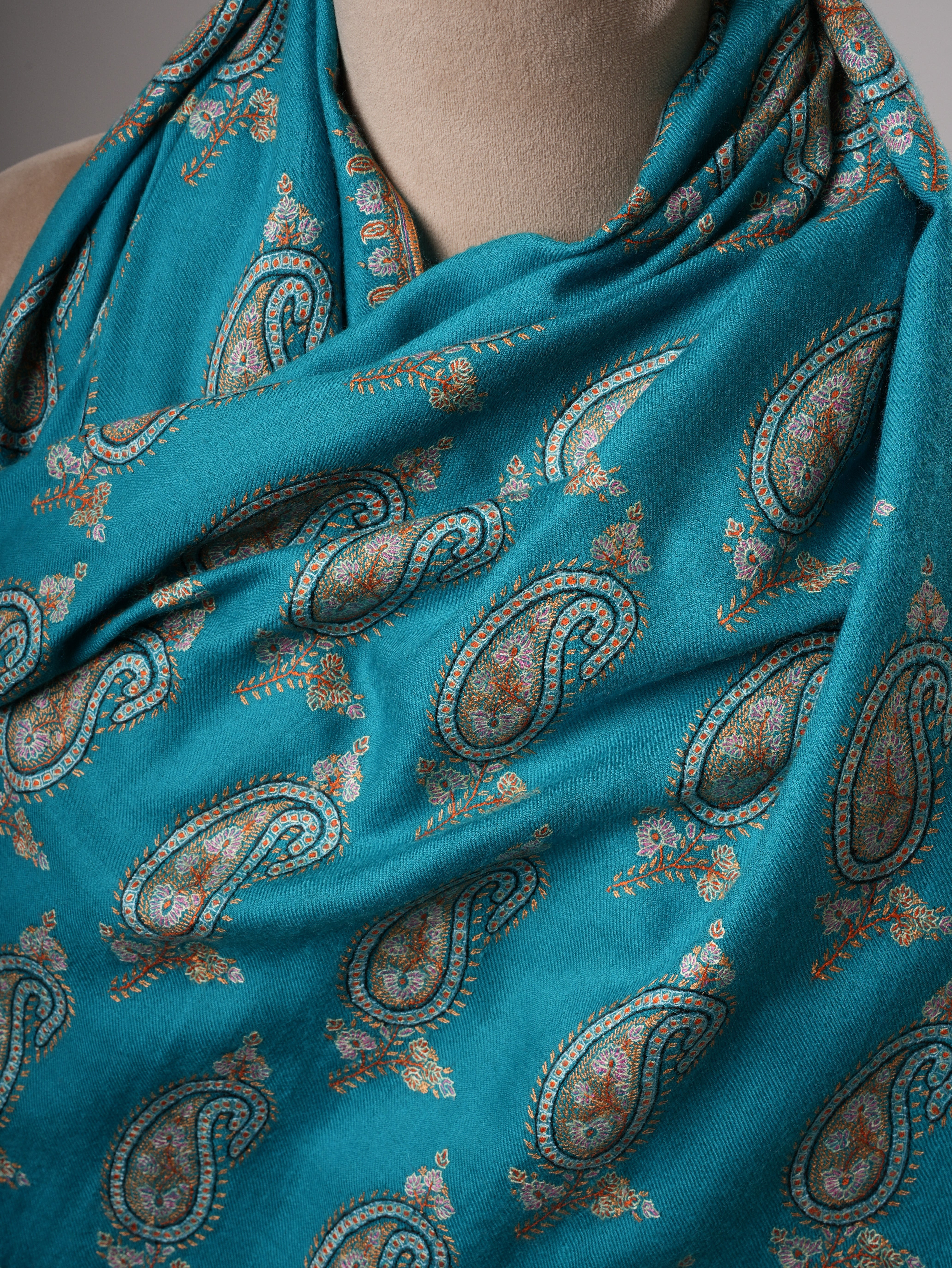 Turquoise Kashmiri Pashmina Shawl with Paisley Hand Embroidery Shahkaar