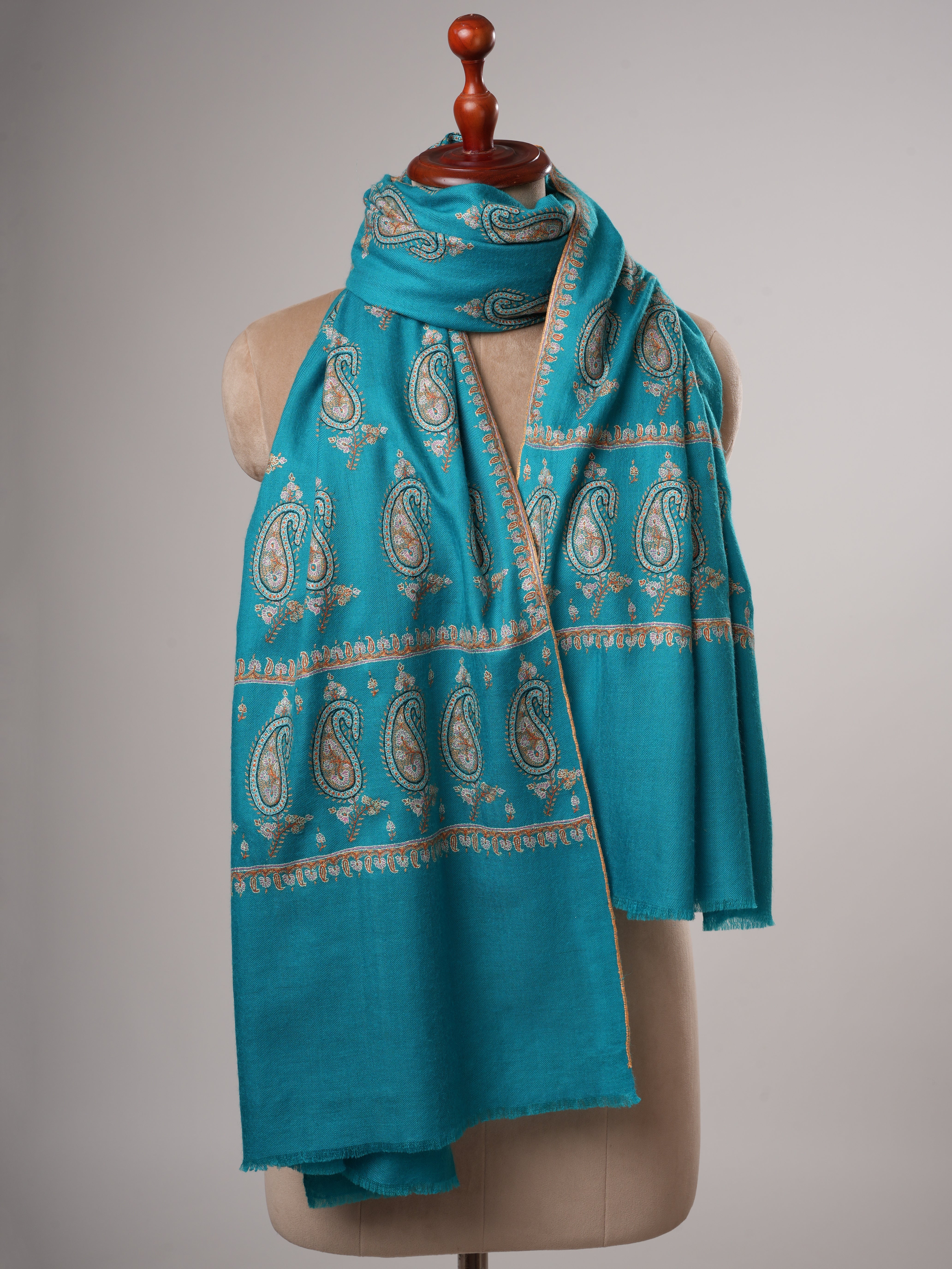 Turquoise Kashmiri Pashmina Shawl with Paisley Hand Embroidery Shahkaar