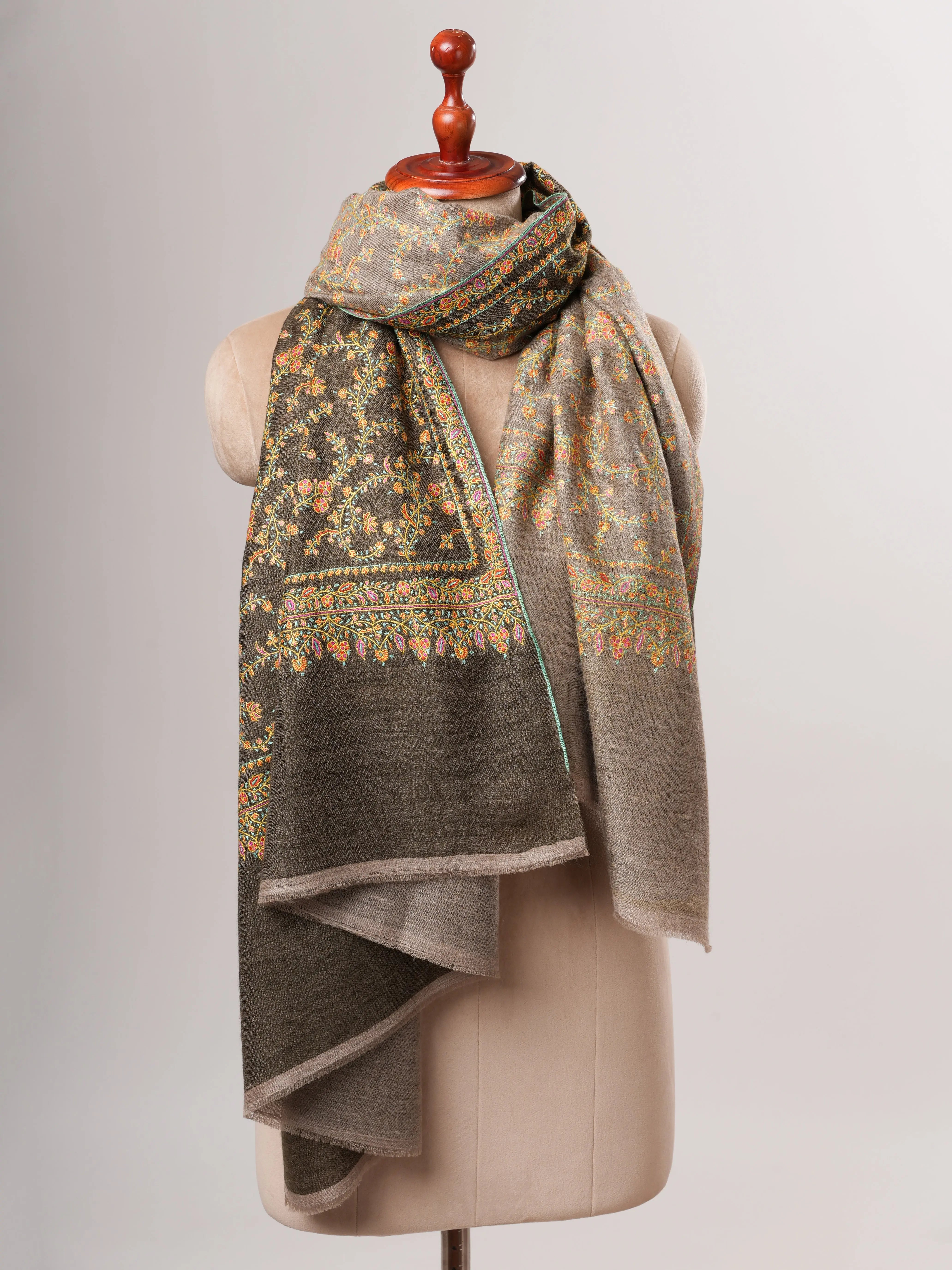Natural Grey and Olive Dual Tone Pashmina Shawl with Fine Embroidery Shahkaar